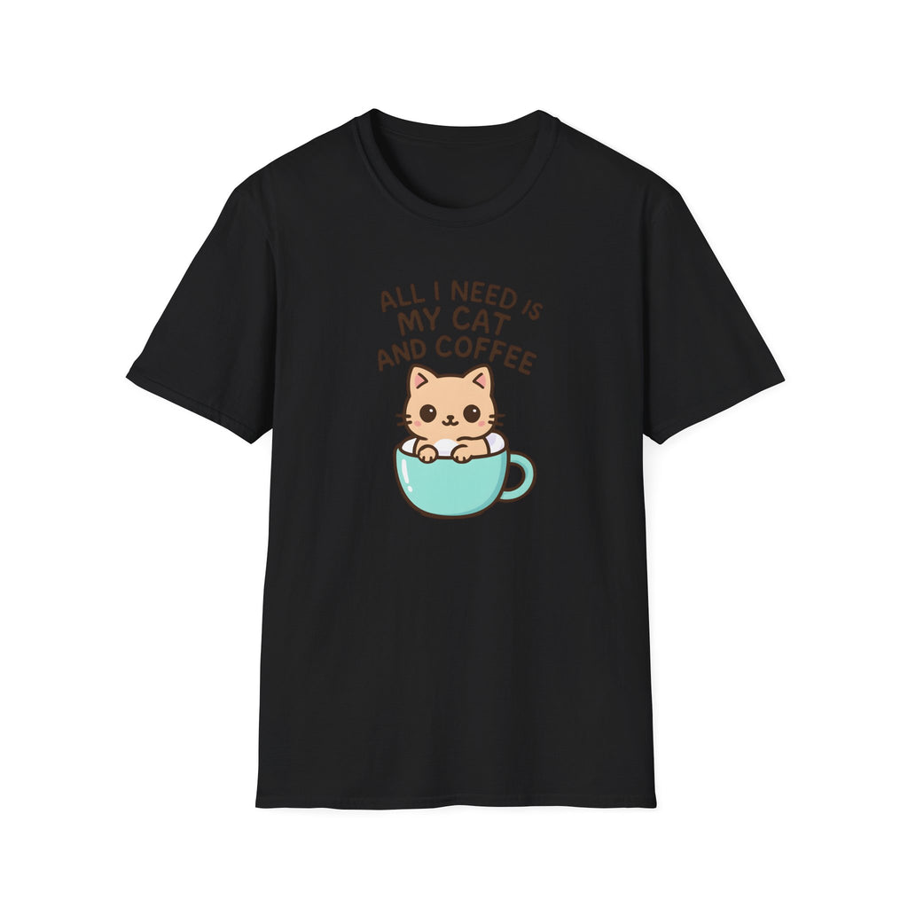 Cat and Coffee T‑Shirt — "All I Need Is My Cat and Coffee" Cute Cat in Mug Tee