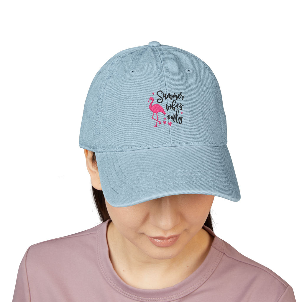 Embroidered Denim Hat "Summer Vibes Only" - Pink Flamingo Cap
