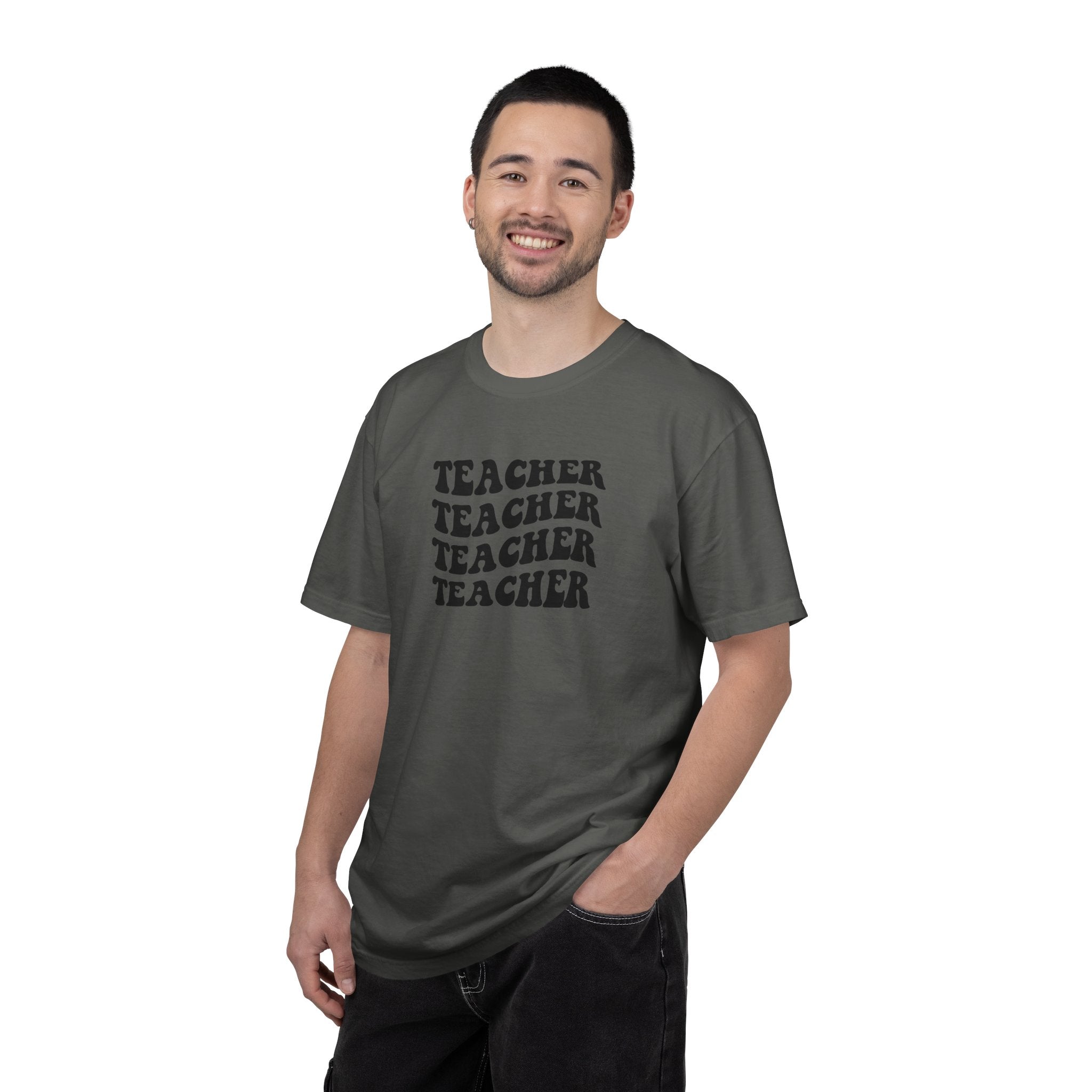 Teacher Repeat Graphic T-Shirt — Retro Stacked "Teacher" Tee