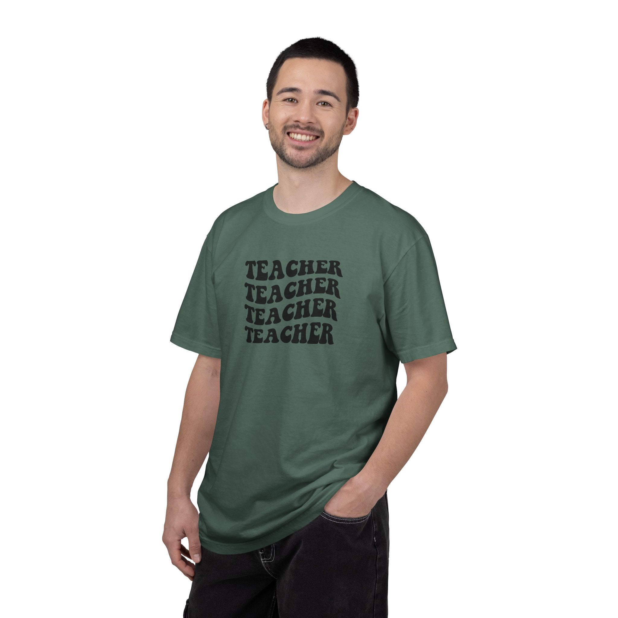 Teacher Repeat Graphic T-Shirt — Retro Stacked "Teacher" Tee