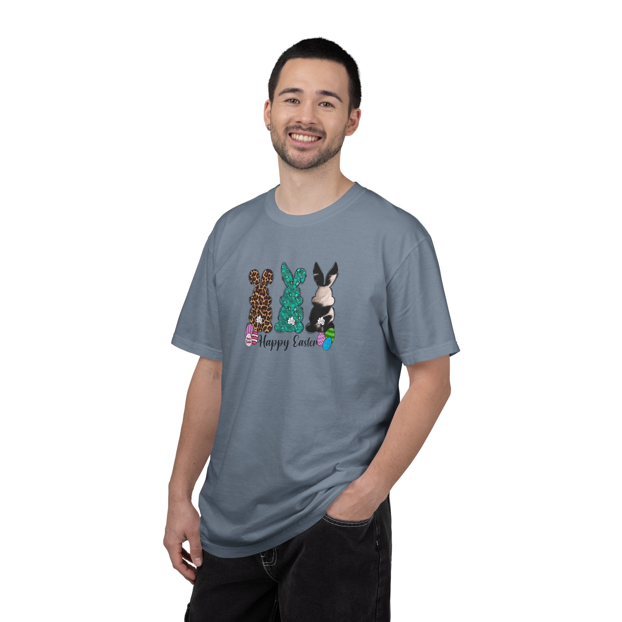 Easter Bunny Trio T-Shirt — "Happy Easter" Pastel Eggs Graphic