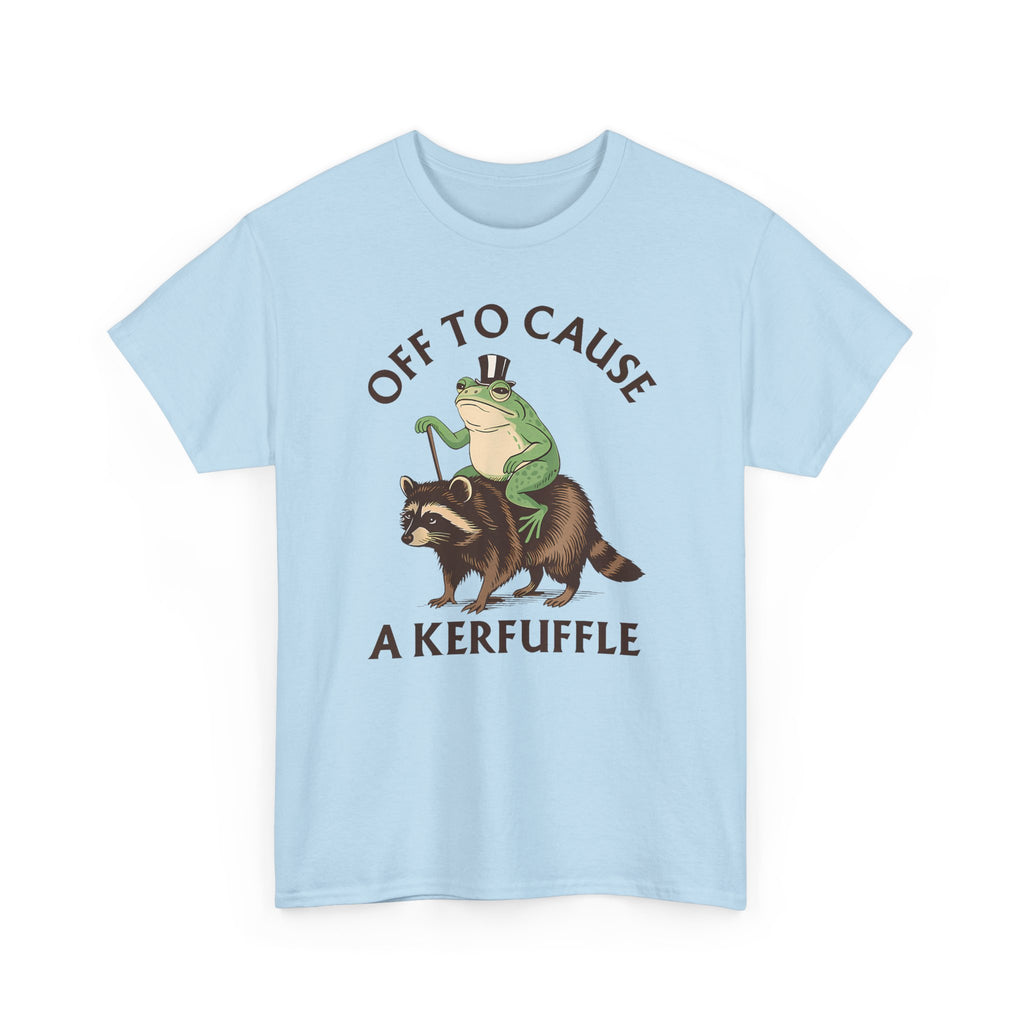 Off to Cause a Kerfuffle T-Shirt — Funny Frog Riding Raccoon Graphic Tee