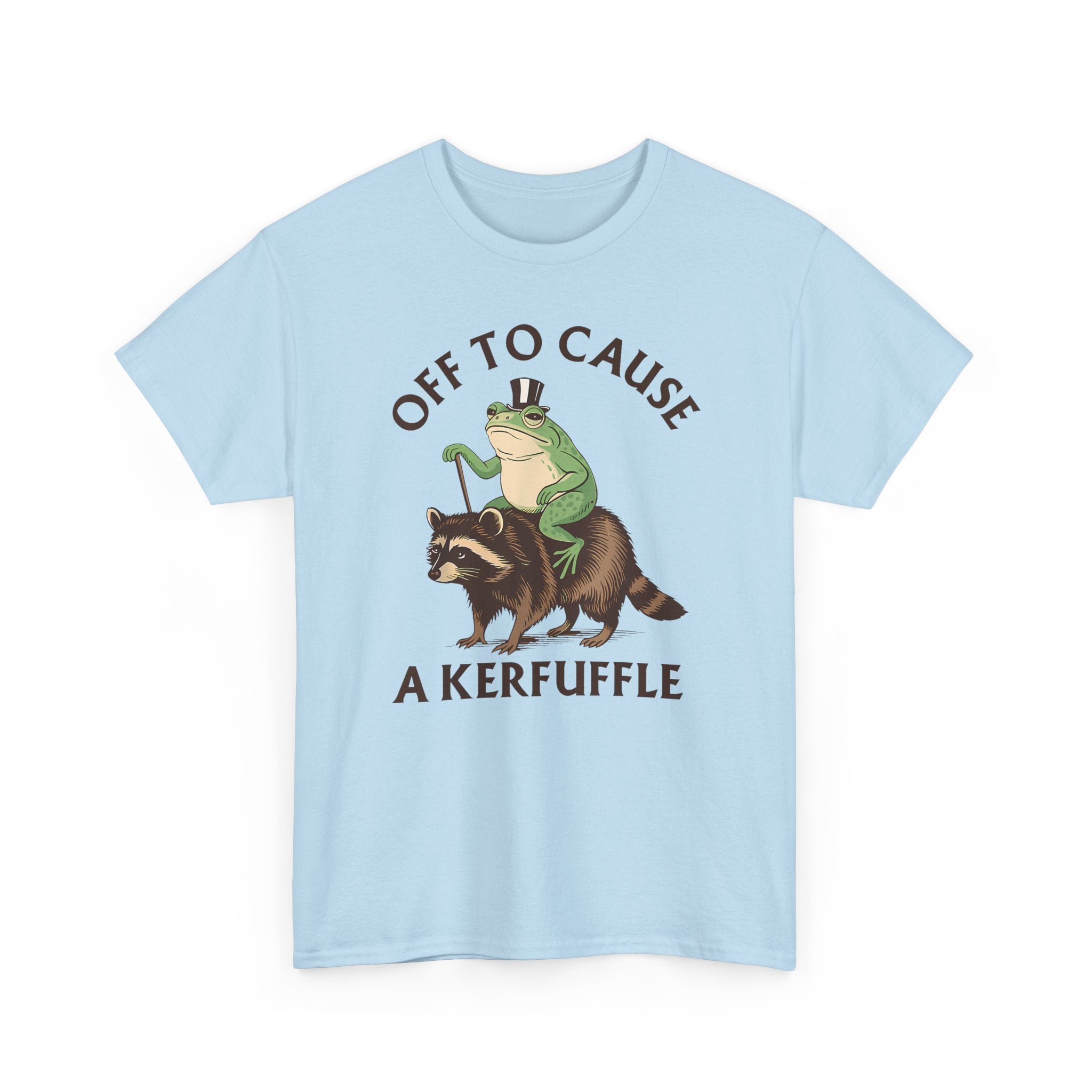 Off to Cause a Kerfuffle T-Shirt — Funny Frog Riding Raccoon Graphic Tee