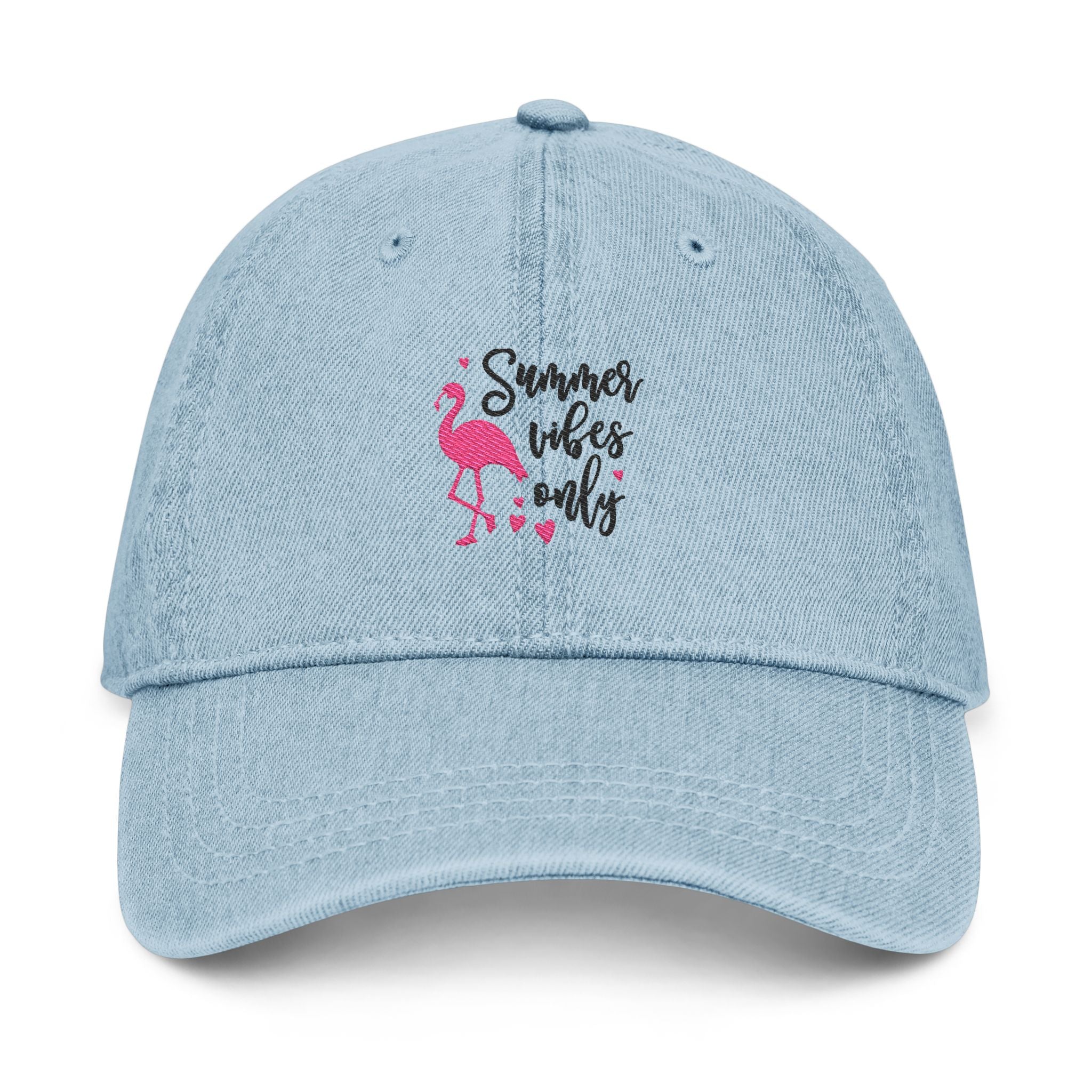 Embroidered Denim Hat "Summer Vibes Only" - Pink Flamingo Cap