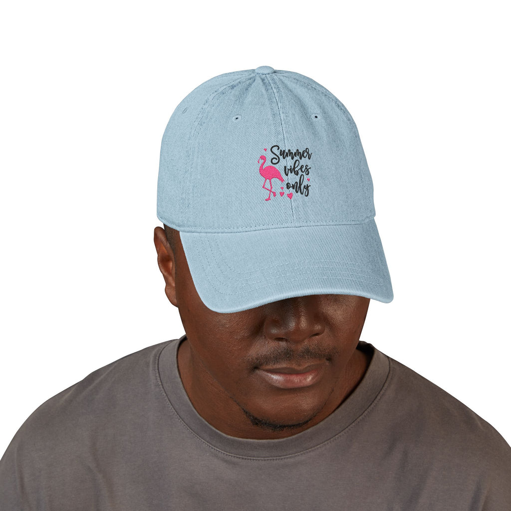 Embroidered Denim Hat "Summer Vibes Only" - Pink Flamingo Cap
