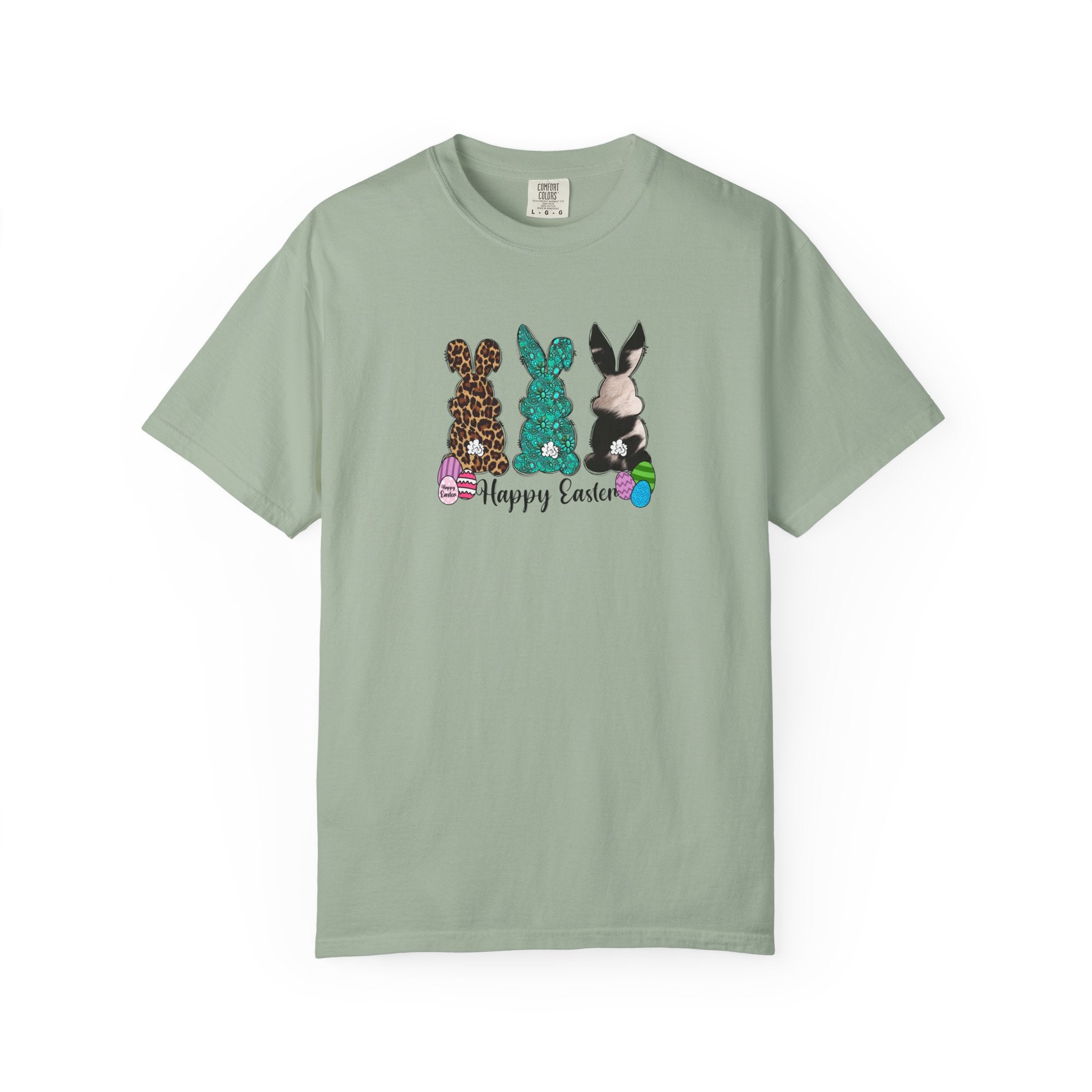 Easter Bunny Trio T-Shirt — "Happy Easter" Pastel Eggs Graphic