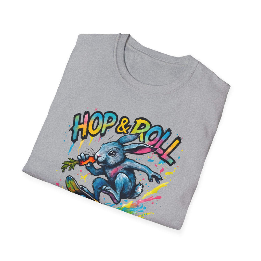 Hop & Roll Skateboard Bunny T-Shirt — Skateboarder Easter Graphic Tee