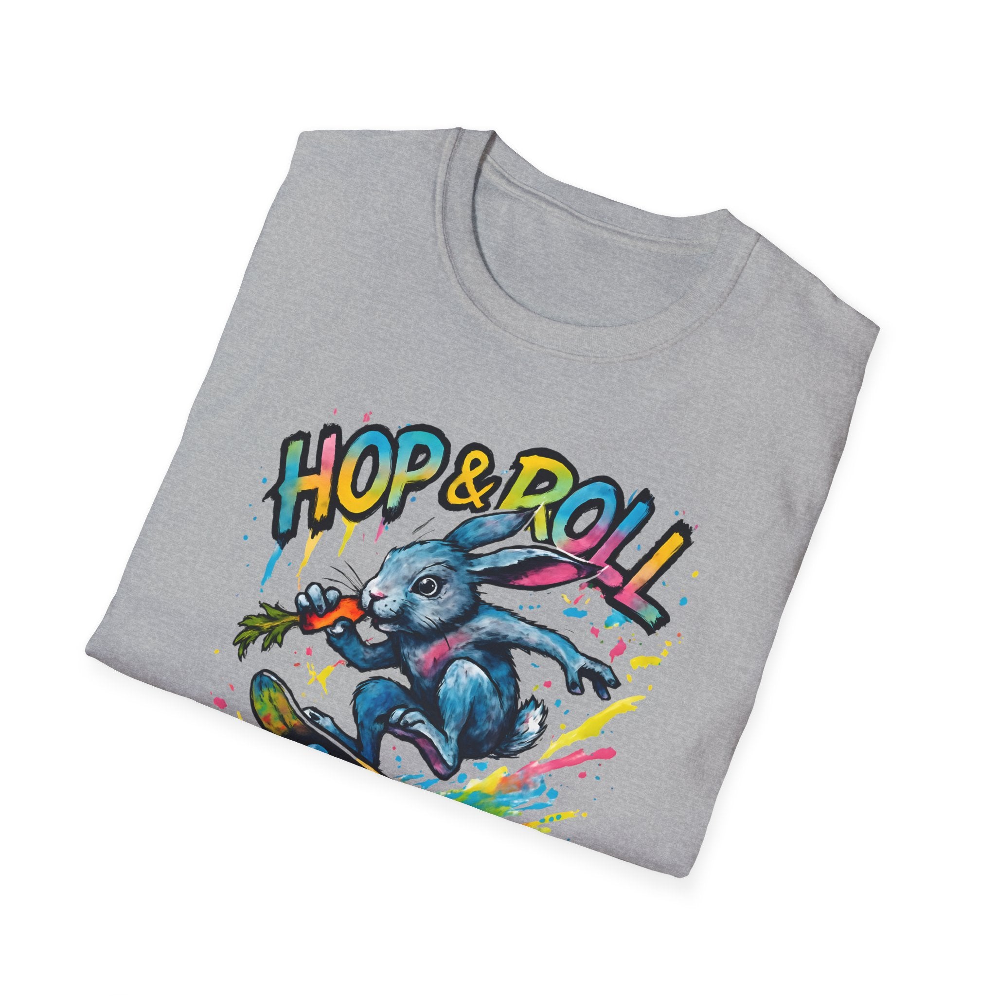 Hop & Roll Skateboard Bunny T-Shirt — Skateboarder Easter Graphic Tee