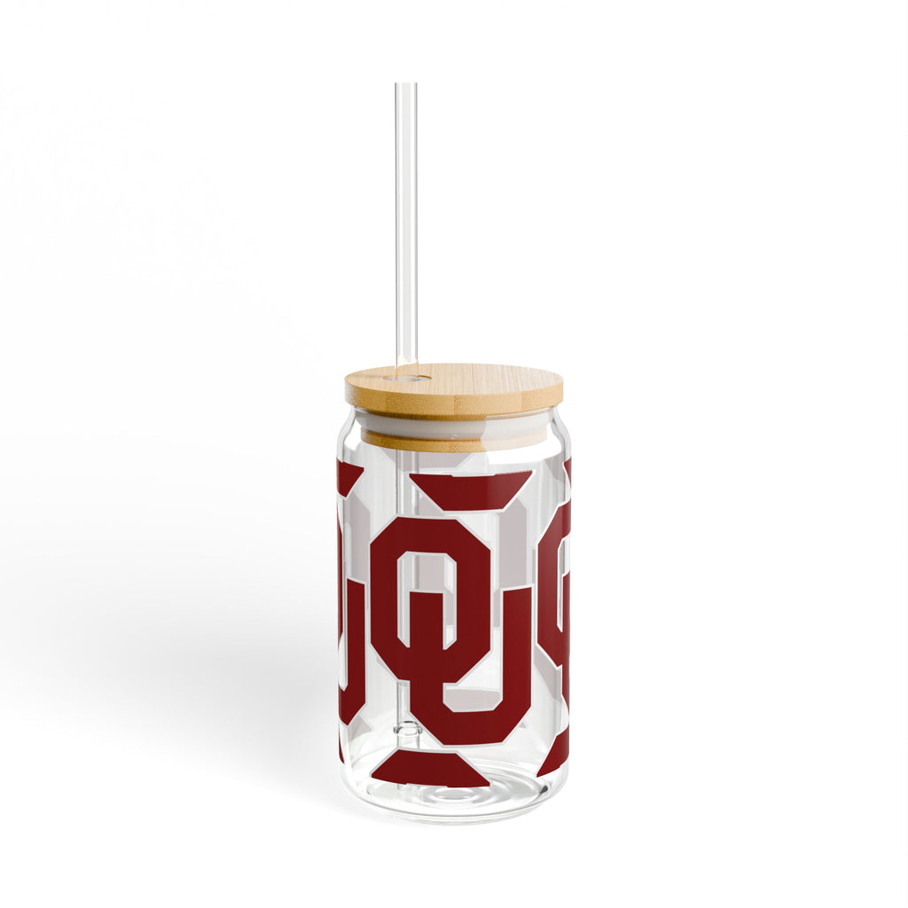 OU Logo 16oz Glass Sipper with Bamboo Lid — Oklahoma Sooners Drink Tumbler