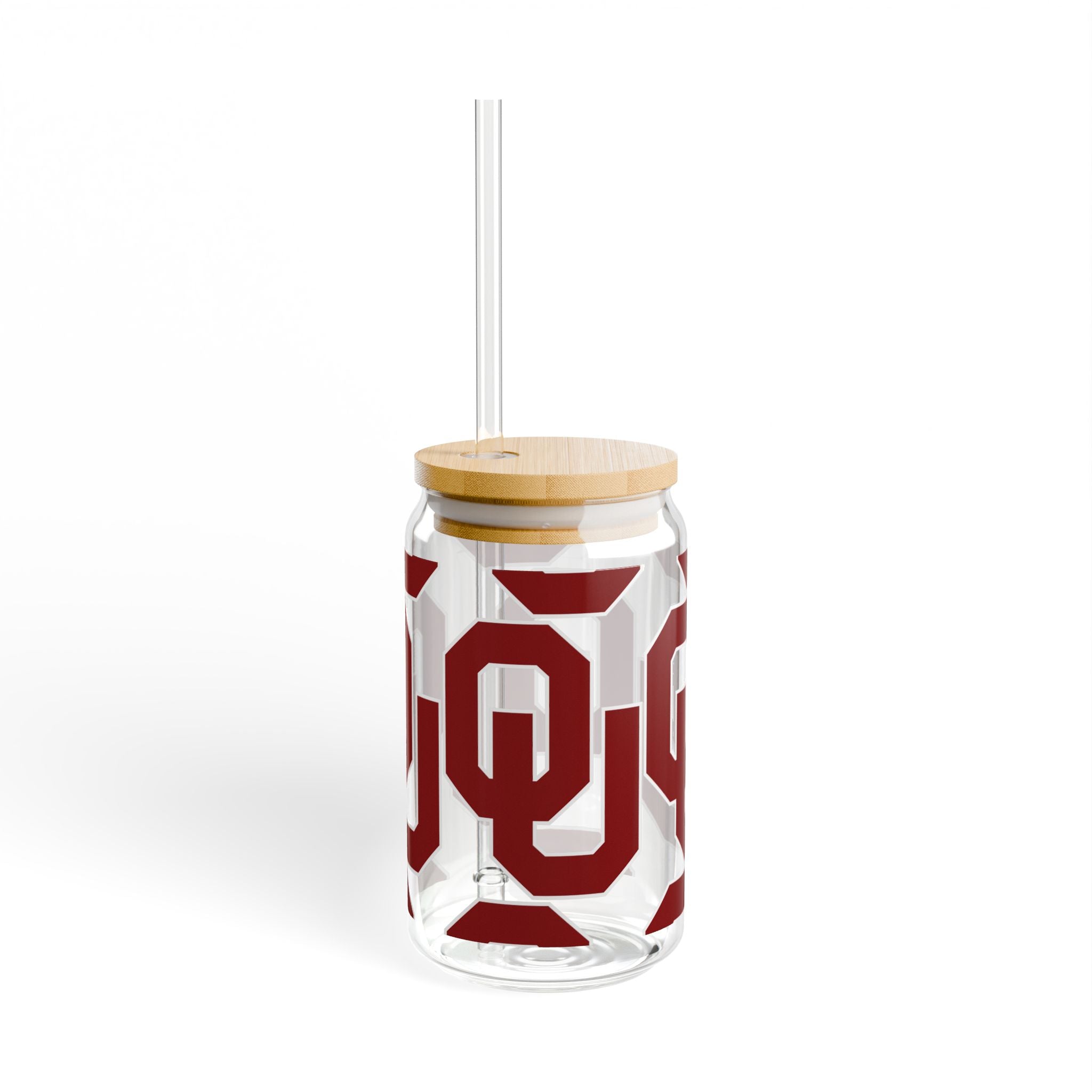 OU Logo 16oz Glass Sipper with Bamboo Lid — Oklahoma Sooners Drink Tumbler