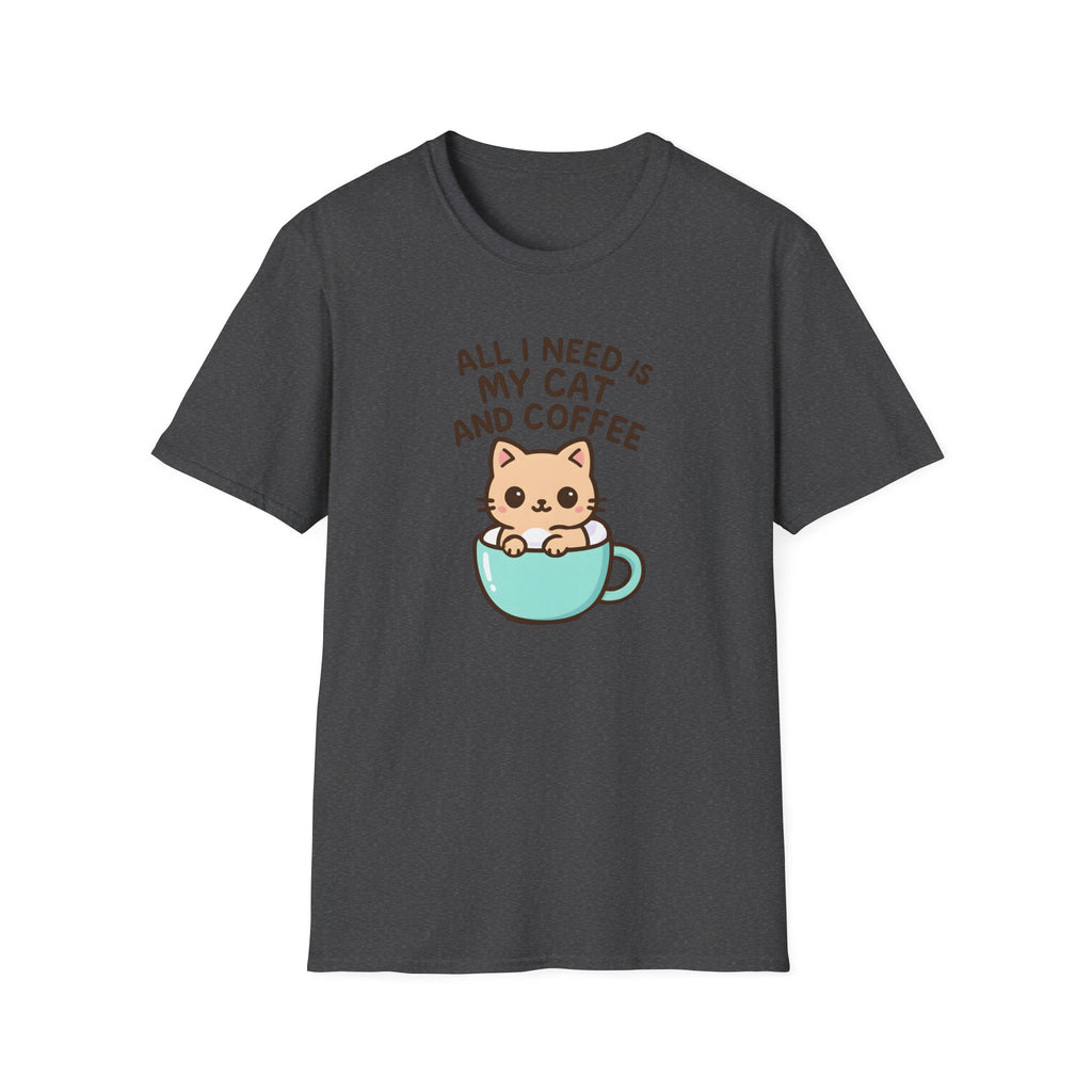 Cat and Coffee T‑Shirt — "All I Need Is My Cat and Coffee" Cute Cat in Mug Tee