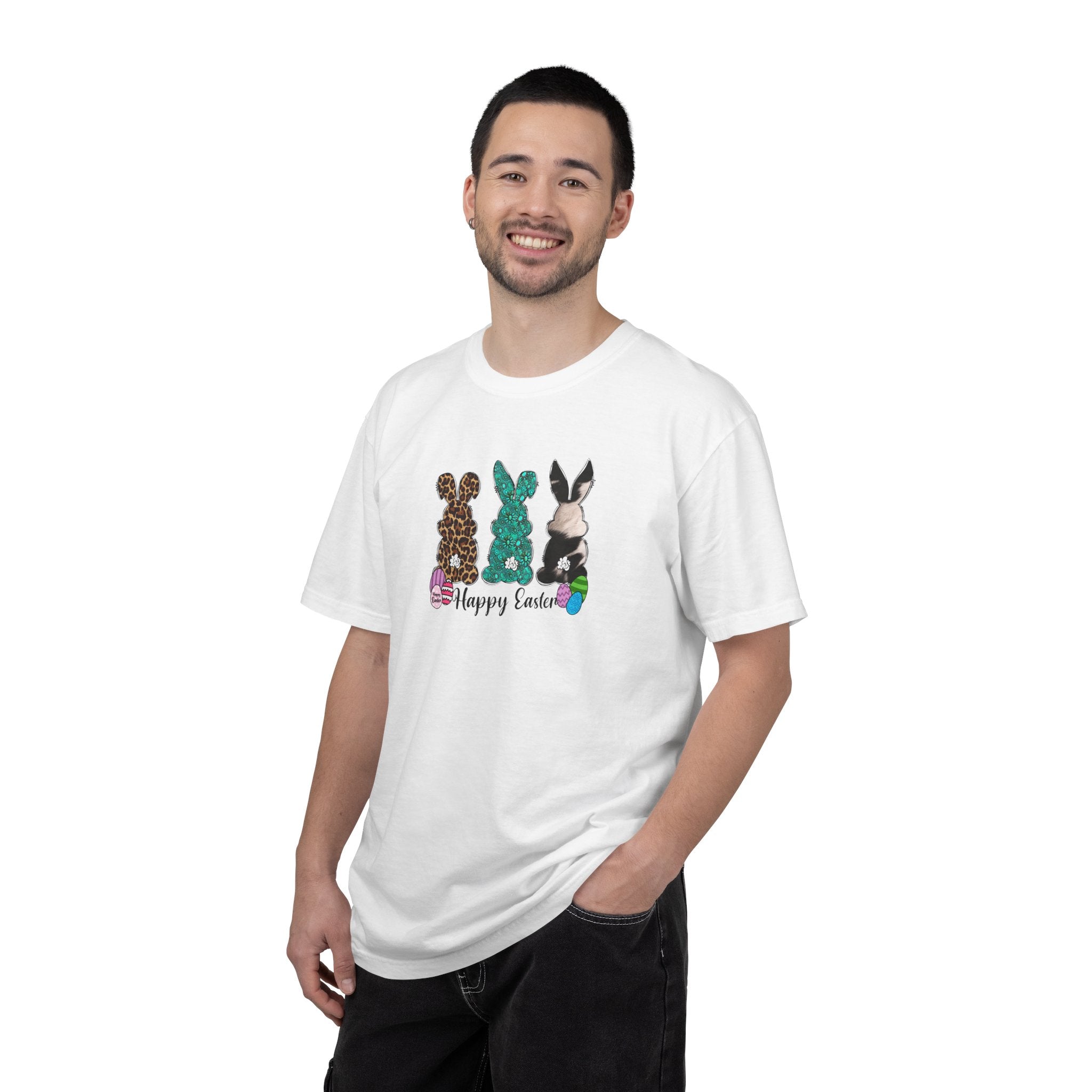 Easter Bunny Trio T-Shirt — "Happy Easter" Pastel Eggs Graphic