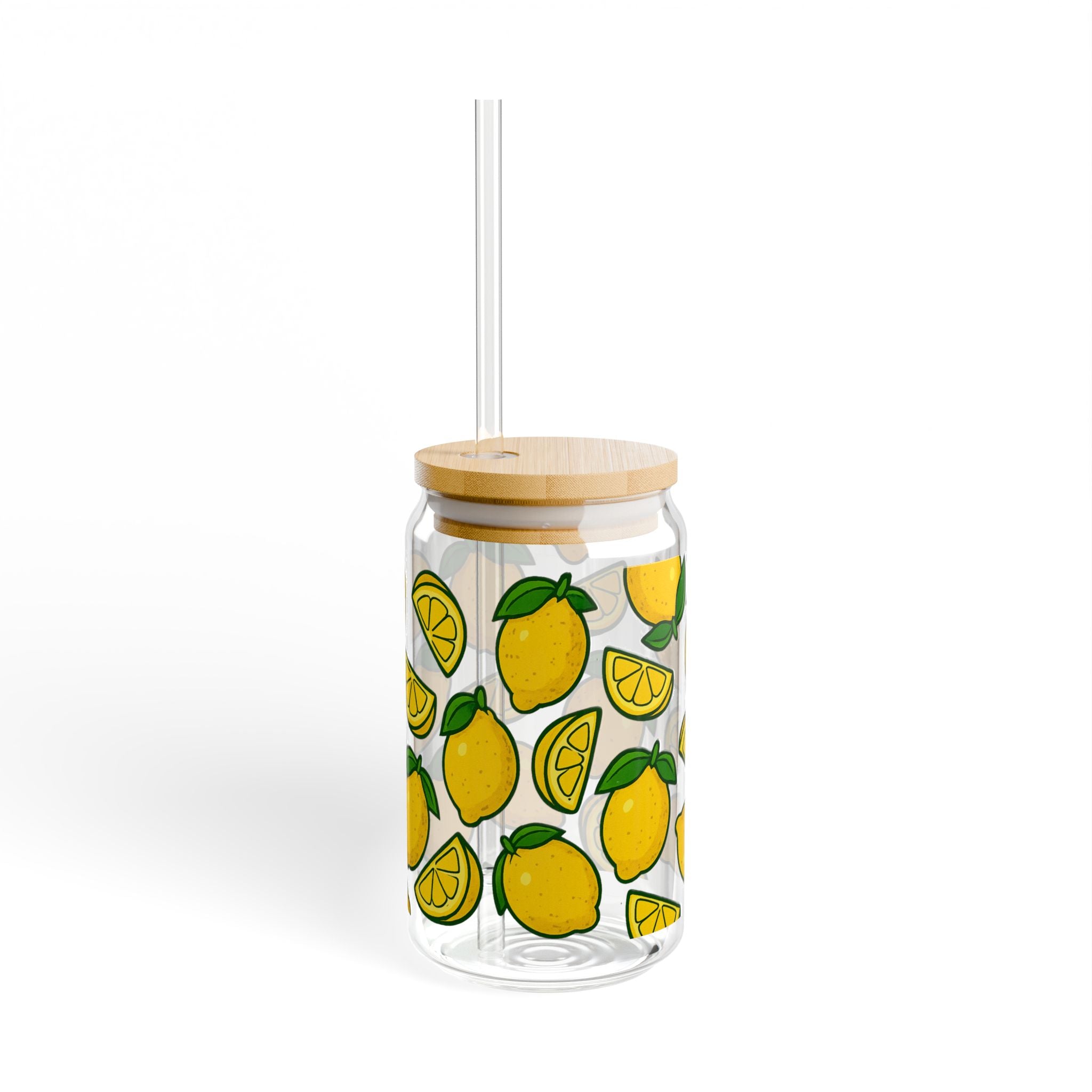 Lemon Pattern Sipper Glass — 16oz Decorative Straw Tumbler