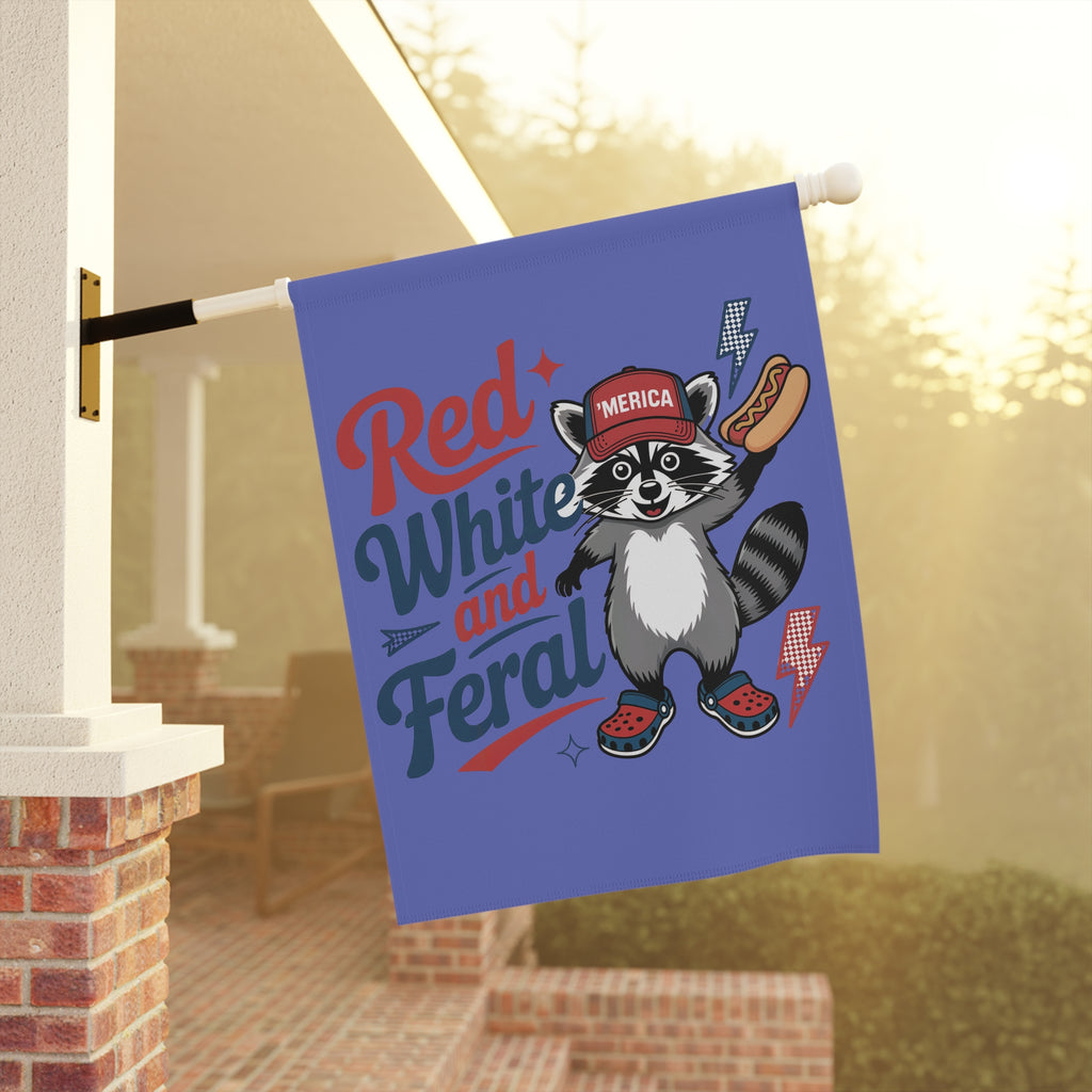 Red, White and Feral Garden Flag — Patriotic Raccoon House Banner