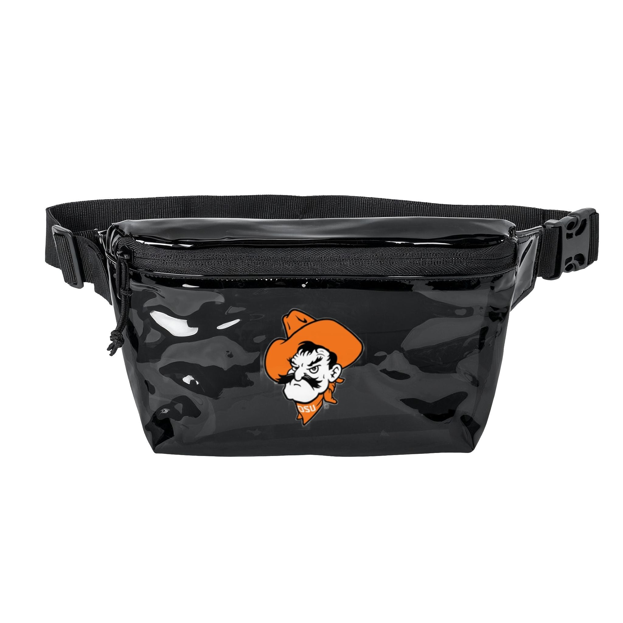 Clear/Black Transparent Fanny Pack with Orange Cowboy Mascot – Stadium-Approved Festival Belt Bag