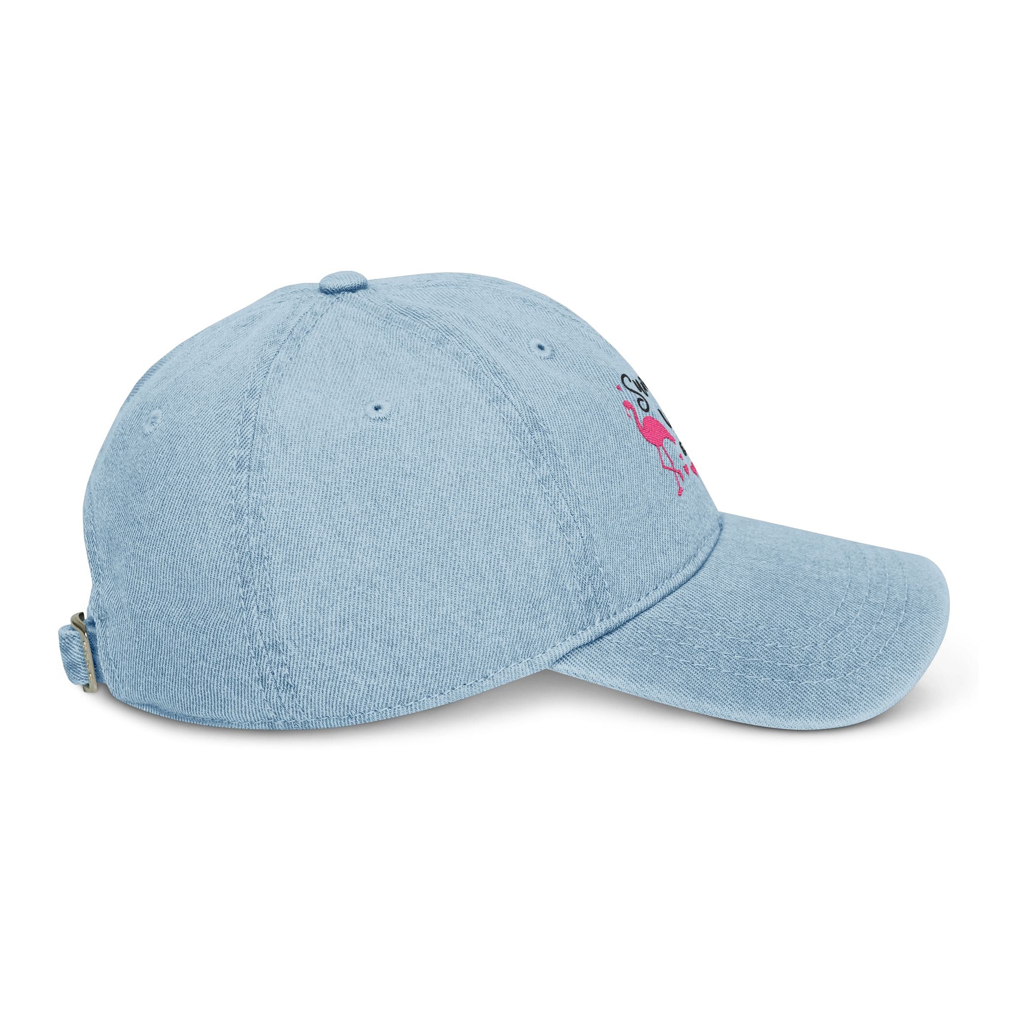 Embroidered Denim Hat "Summer Vibes Only" - Pink Flamingo Cap