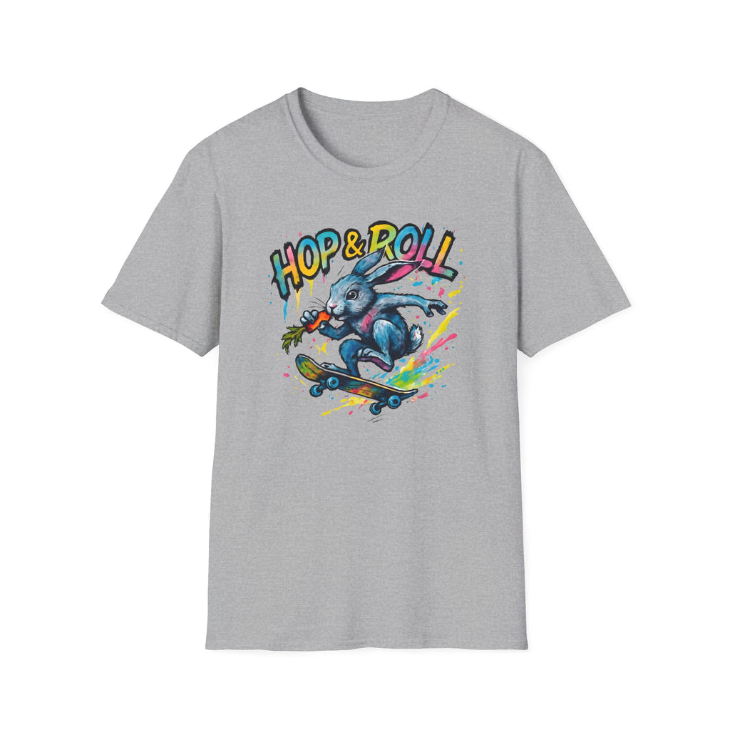 Hop & Roll Skateboard Bunny T-Shirt — Skateboarder Easter Graphic Tee