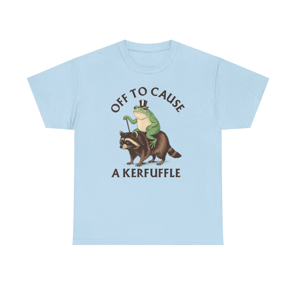 Off to Cause a Kerfuffle T-Shirt — Funny Frog Riding Raccoon Graphic Tee