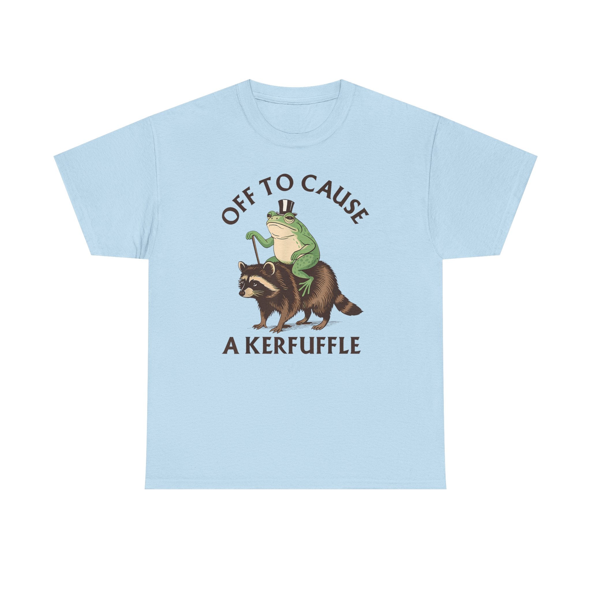 Off to Cause a Kerfuffle T-Shirt — Funny Frog Riding Raccoon Graphic Tee