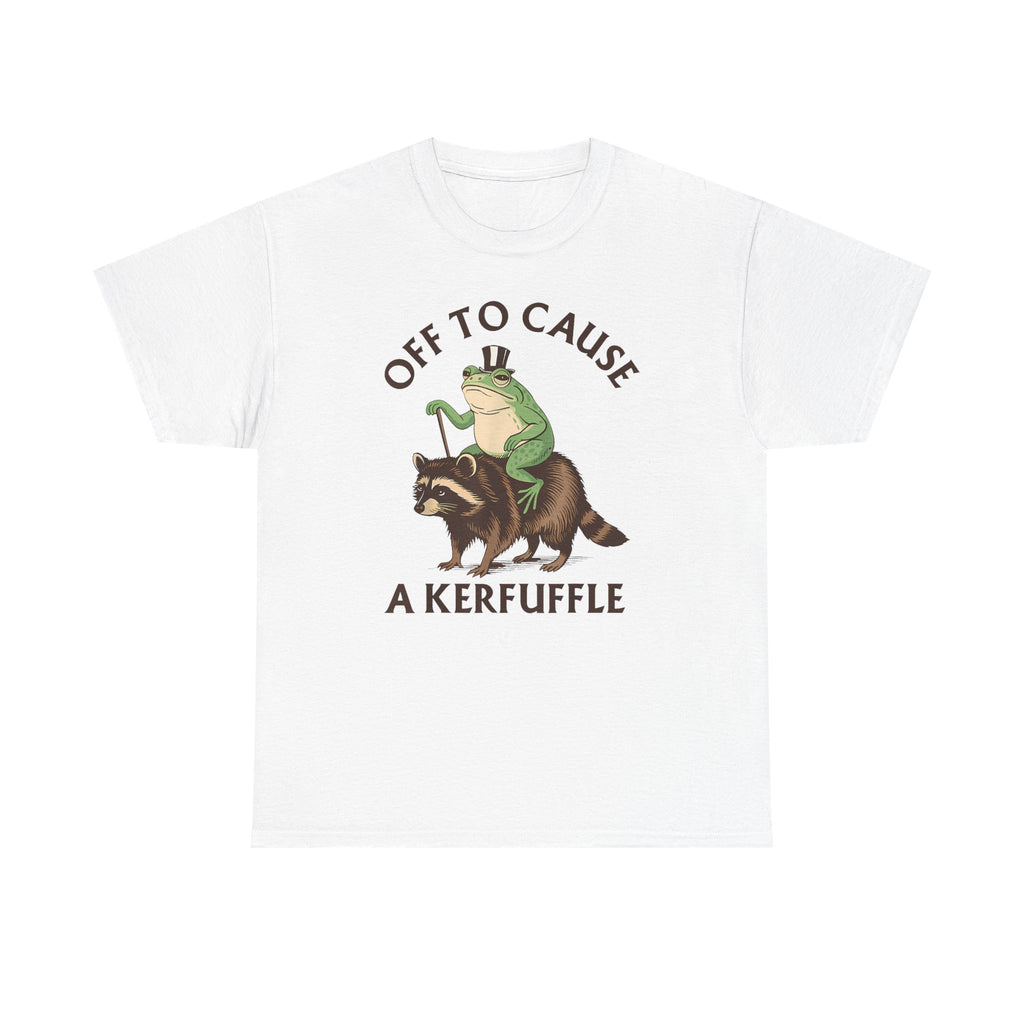 Off to Cause a Kerfuffle T-Shirt — Funny Frog Riding Raccoon Graphic Tee