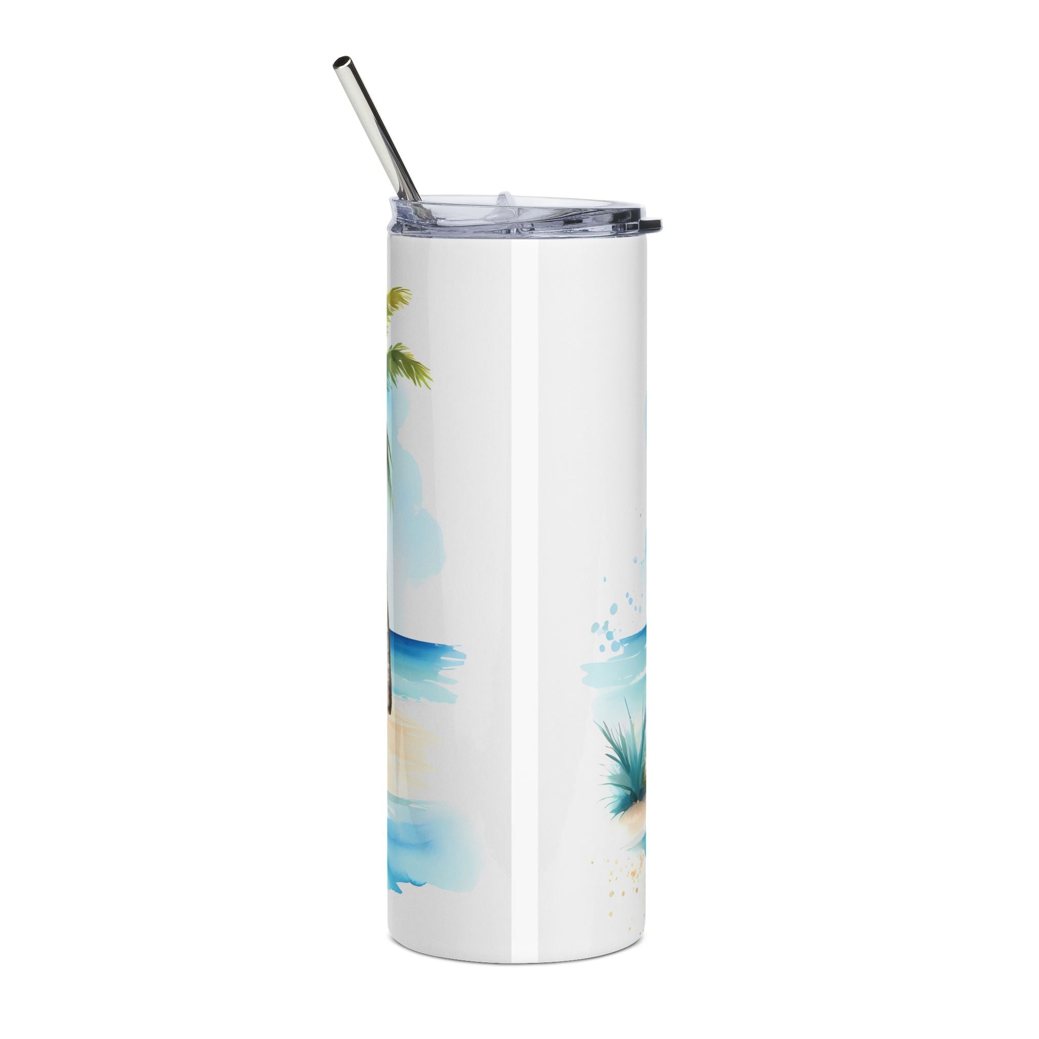 Beach Scene 20oz Stainless Steel Tumbler — Palm Trees & Umbrella Travel Mug