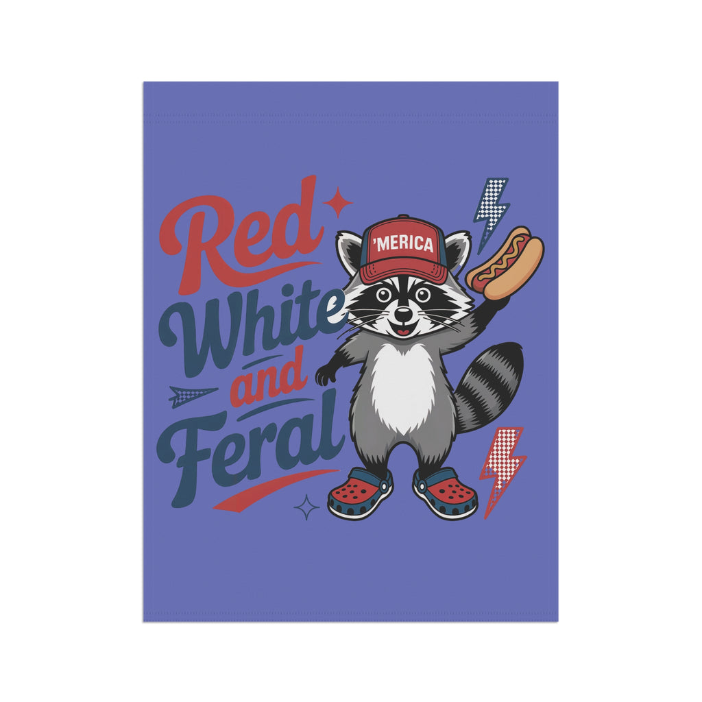 Red, White and Feral Garden Flag — Patriotic Raccoon House Banner