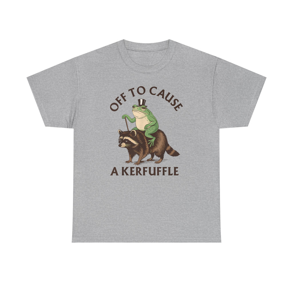 Off to Cause a Kerfuffle T-Shirt — Funny Frog Riding Raccoon Graphic Tee