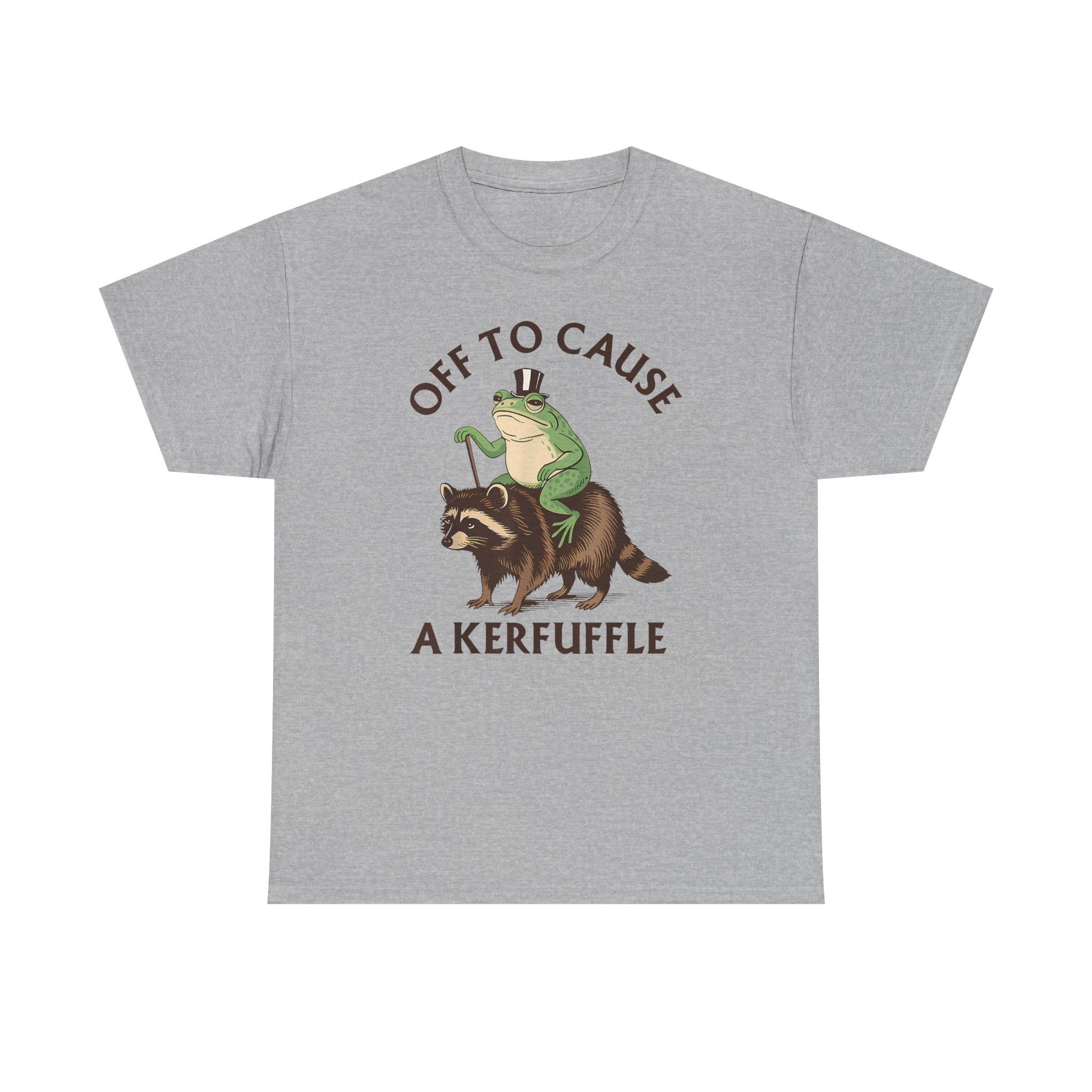 Off to Cause a Kerfuffle T-Shirt — Funny Frog Riding Raccoon Graphic Tee