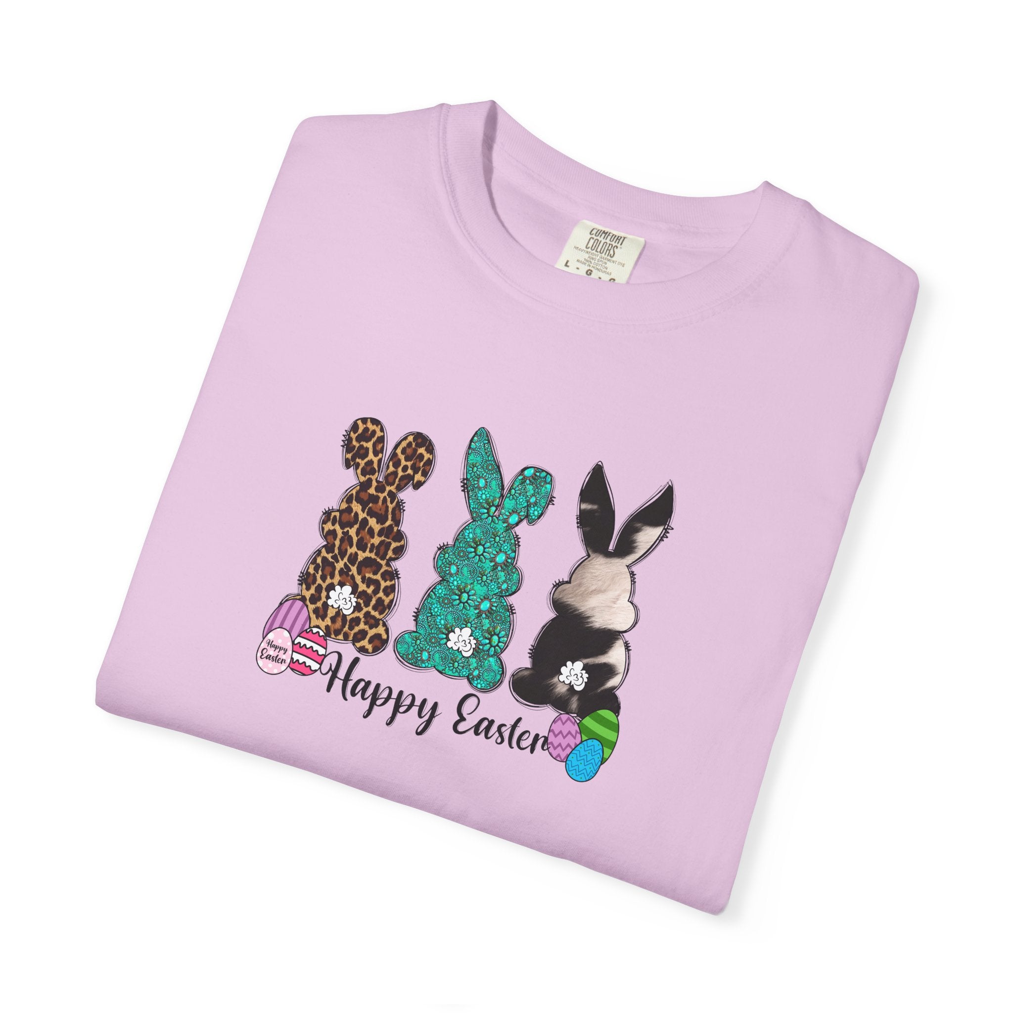 Easter Bunny Trio T-Shirt — "Happy Easter" Pastel Eggs Graphic