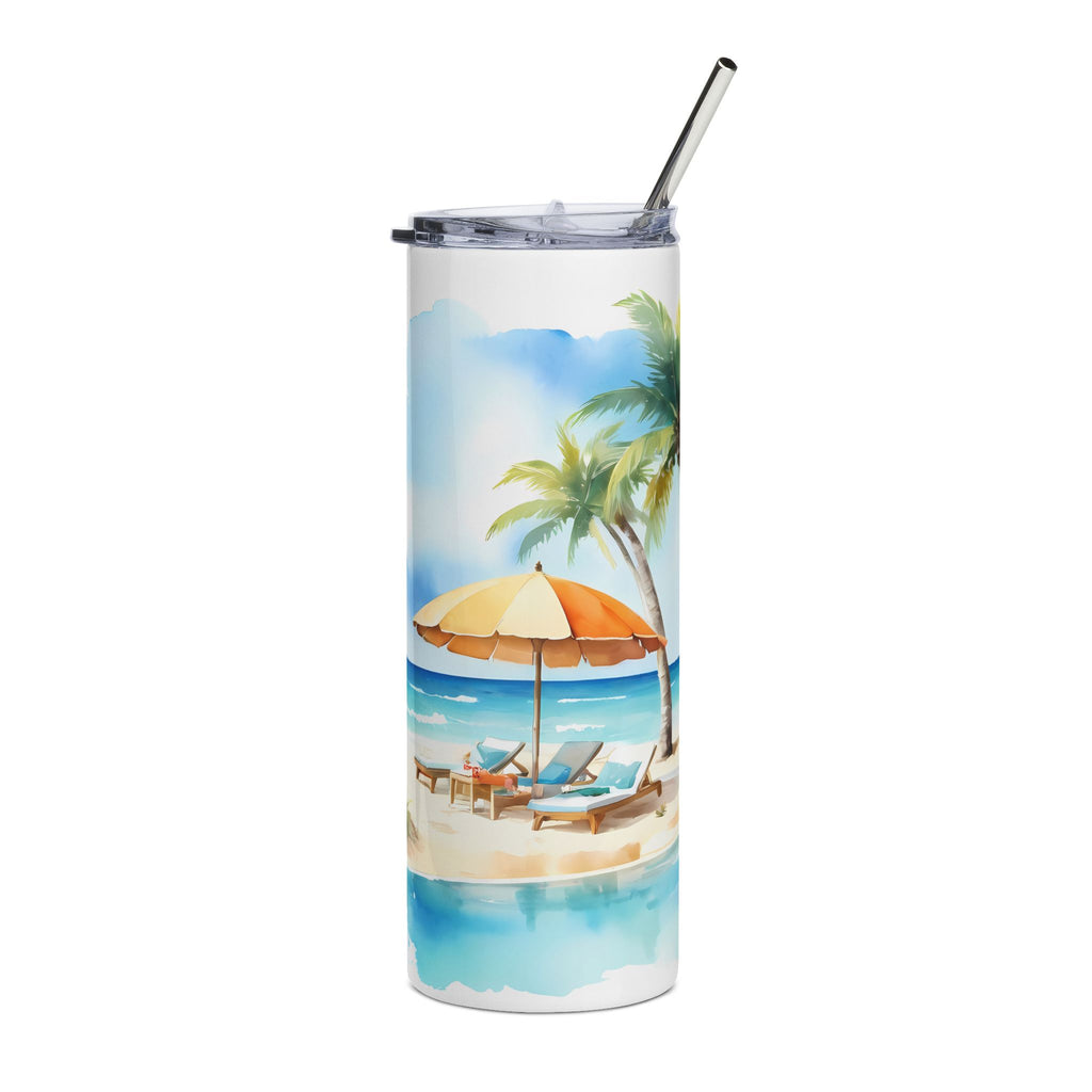 Beach Scene 20oz Stainless Steel Tumbler — Palm Trees & Umbrella Travel Mug