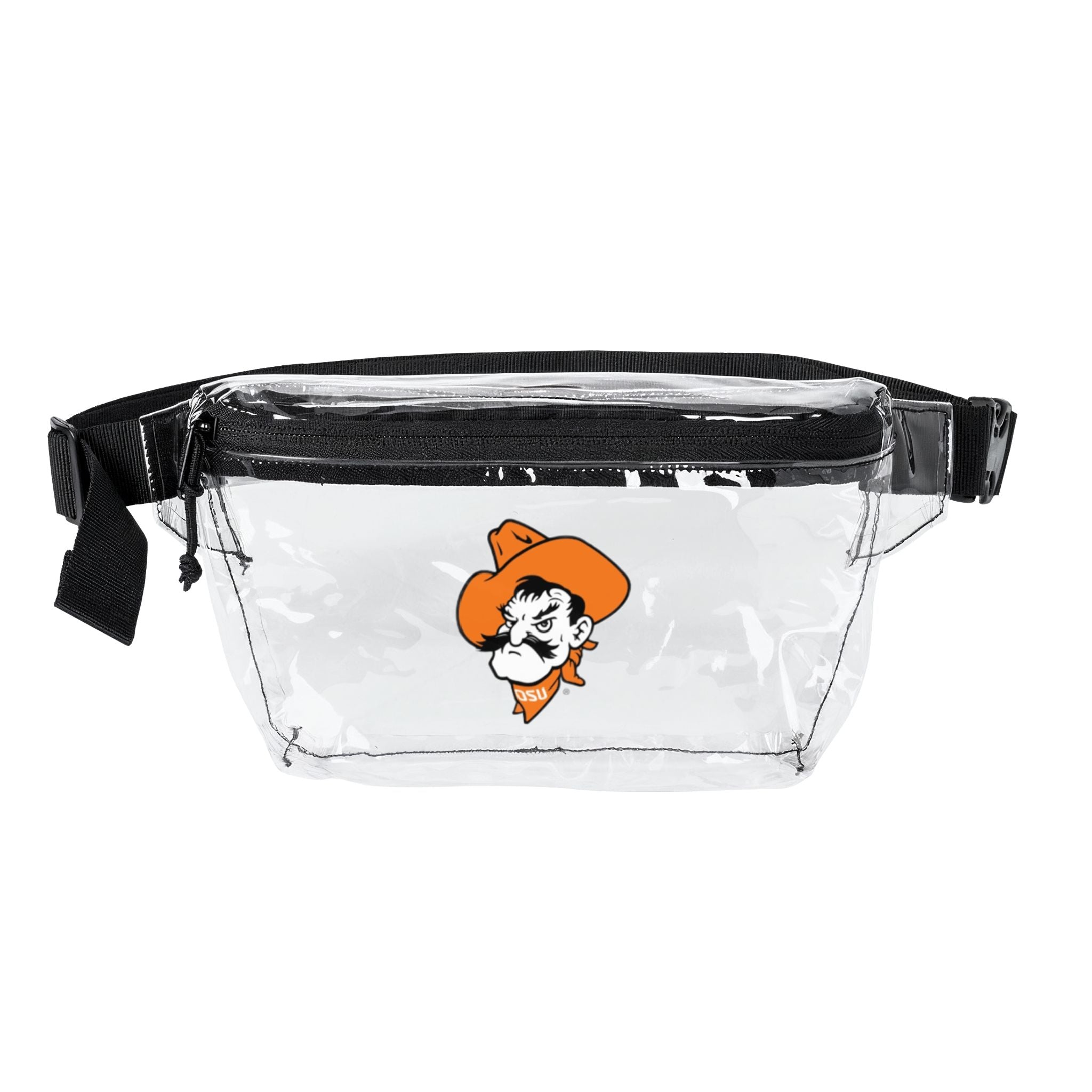 Clear/Black Transparent Fanny Pack with Orange Cowboy Mascot – Stadium-Approved Festival Belt Bag