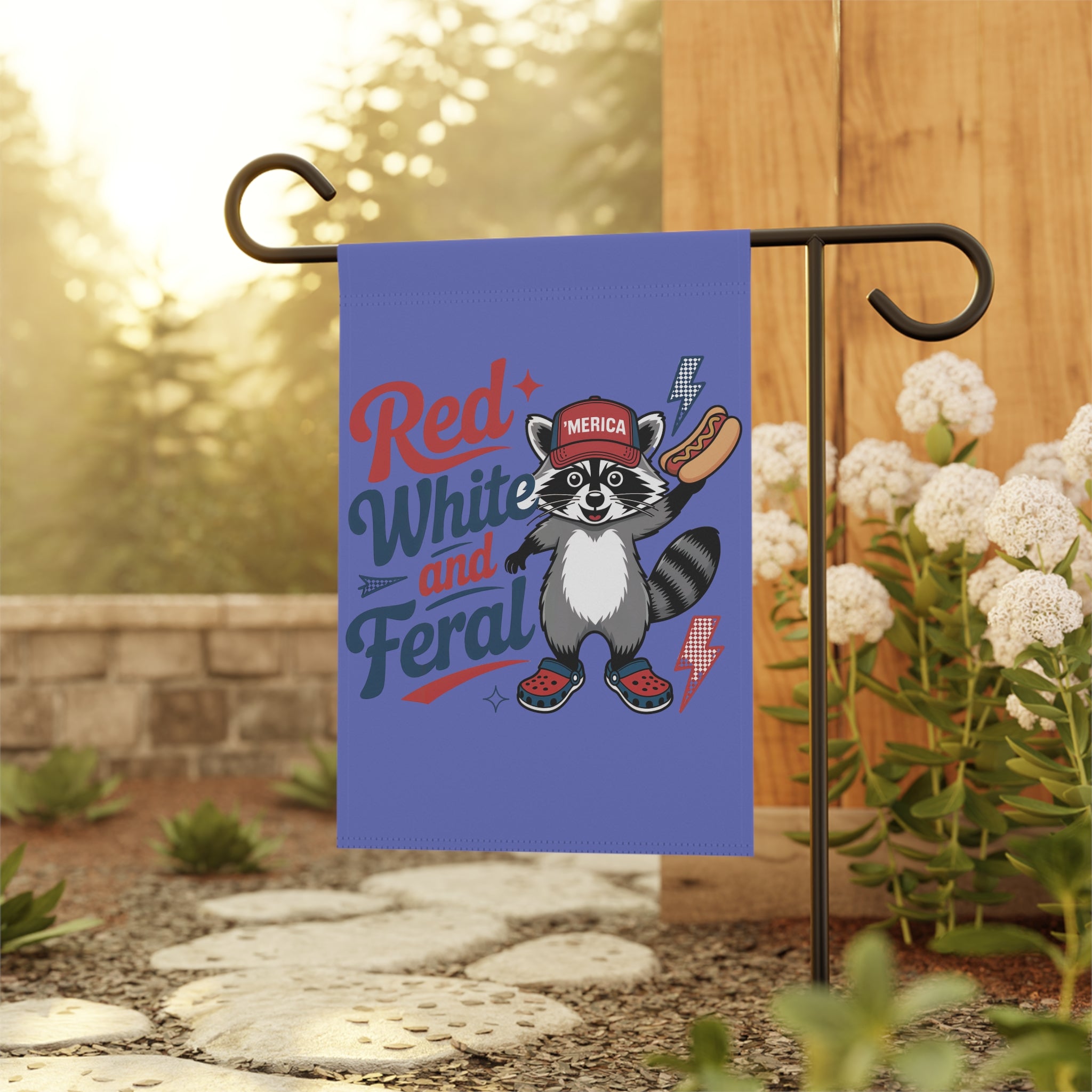 Red, White and Feral Garden Flag — Patriotic Raccoon House Banner