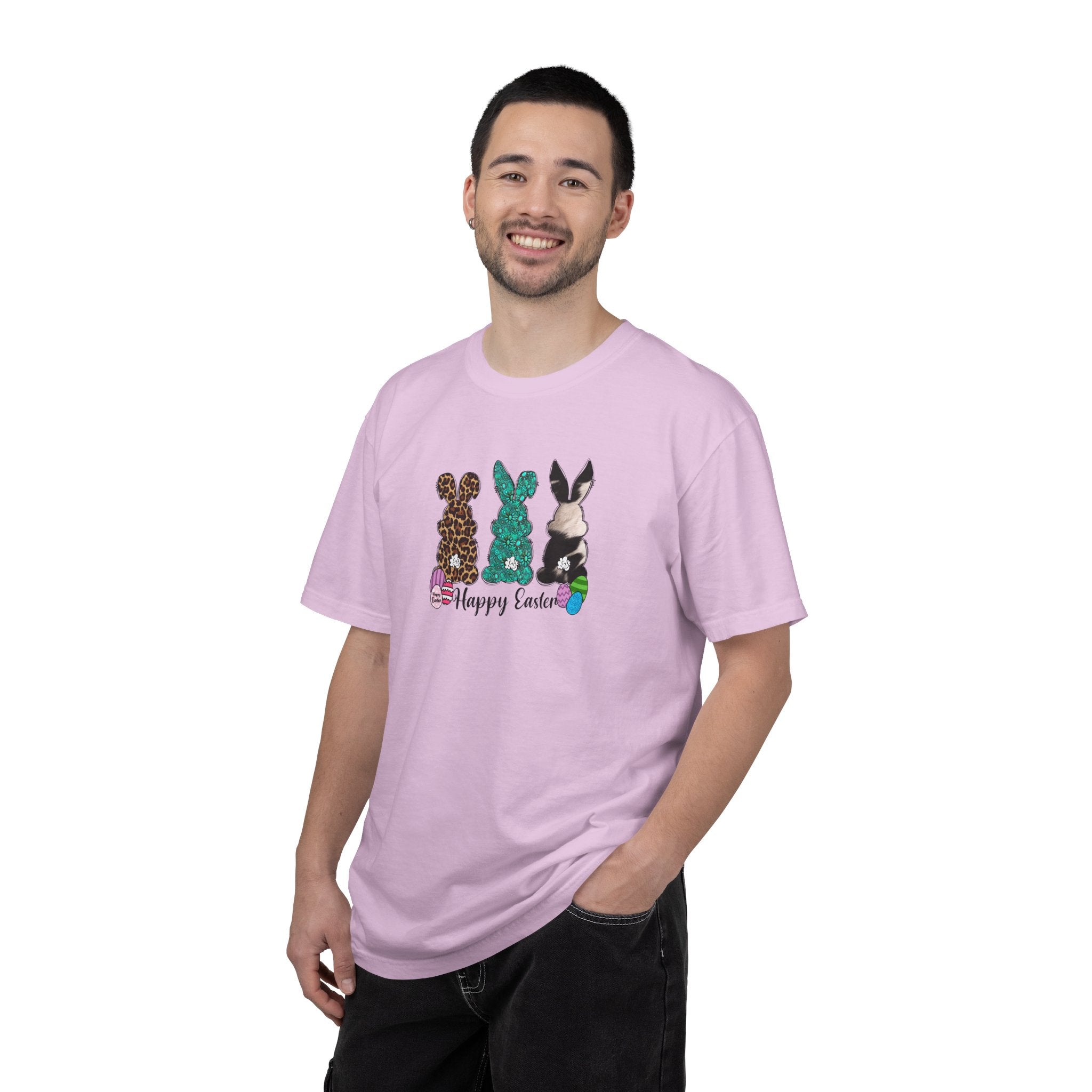 Easter Bunny Trio T-Shirt — "Happy Easter" Pastel Eggs Graphic