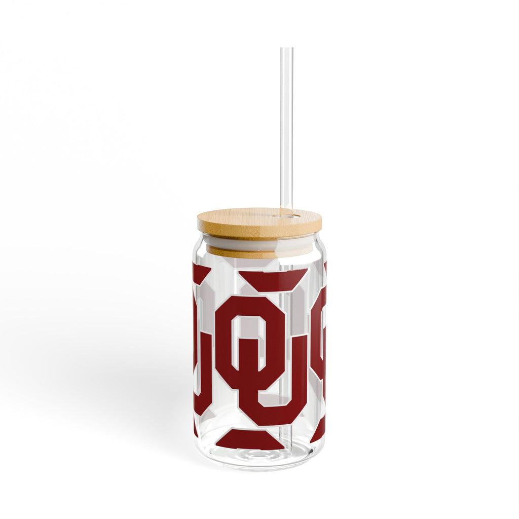 OU Logo 16oz Glass Sipper with Bamboo Lid — Oklahoma Sooners Drink Tumbler