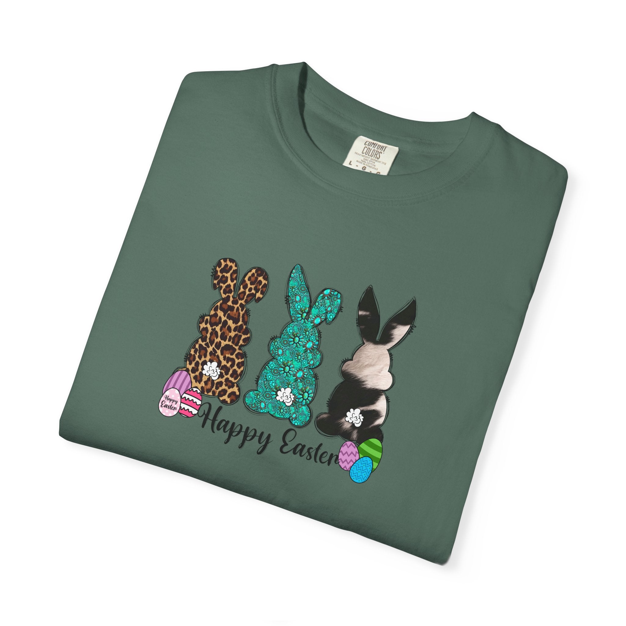 Easter Bunny Trio T-Shirt — "Happy Easter" Pastel Eggs Graphic