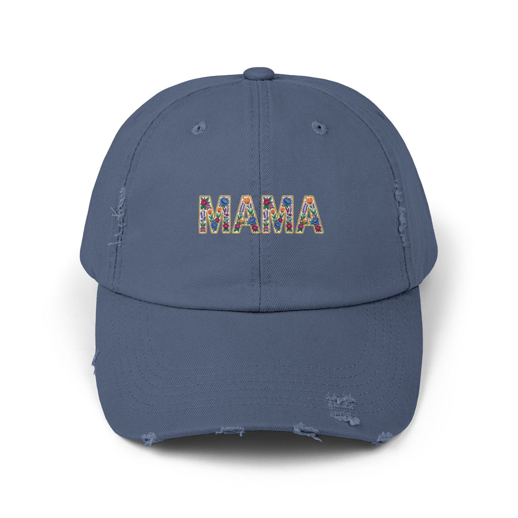 MAMA Distressed Baseball Cap — Floral Patch Mom Hat