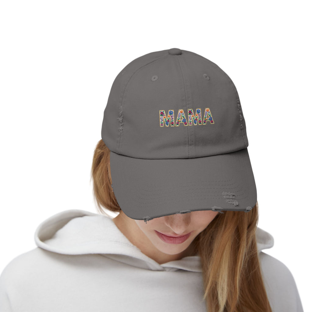 MAMA Distressed Baseball Cap — Floral Patch Mom Hat