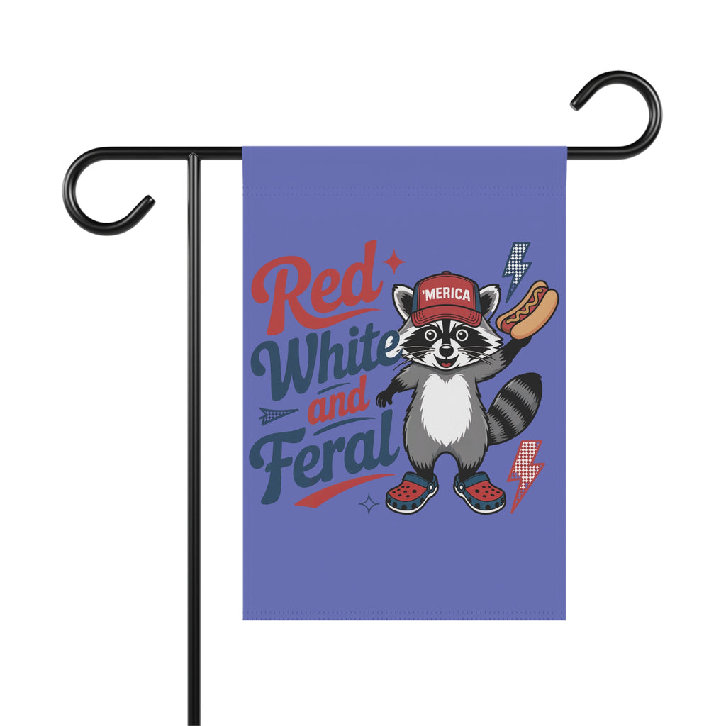 Red, White and Feral Garden Flag — Patriotic Raccoon House Banner