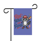 Red, White and Feral Garden Flag — Patriotic Raccoon House Banner