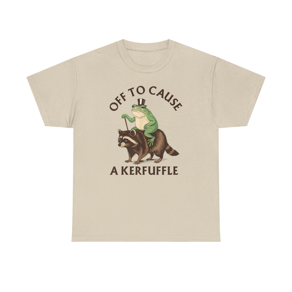 Off to Cause a Kerfuffle T-Shirt — Funny Frog Riding Raccoon Graphic Tee