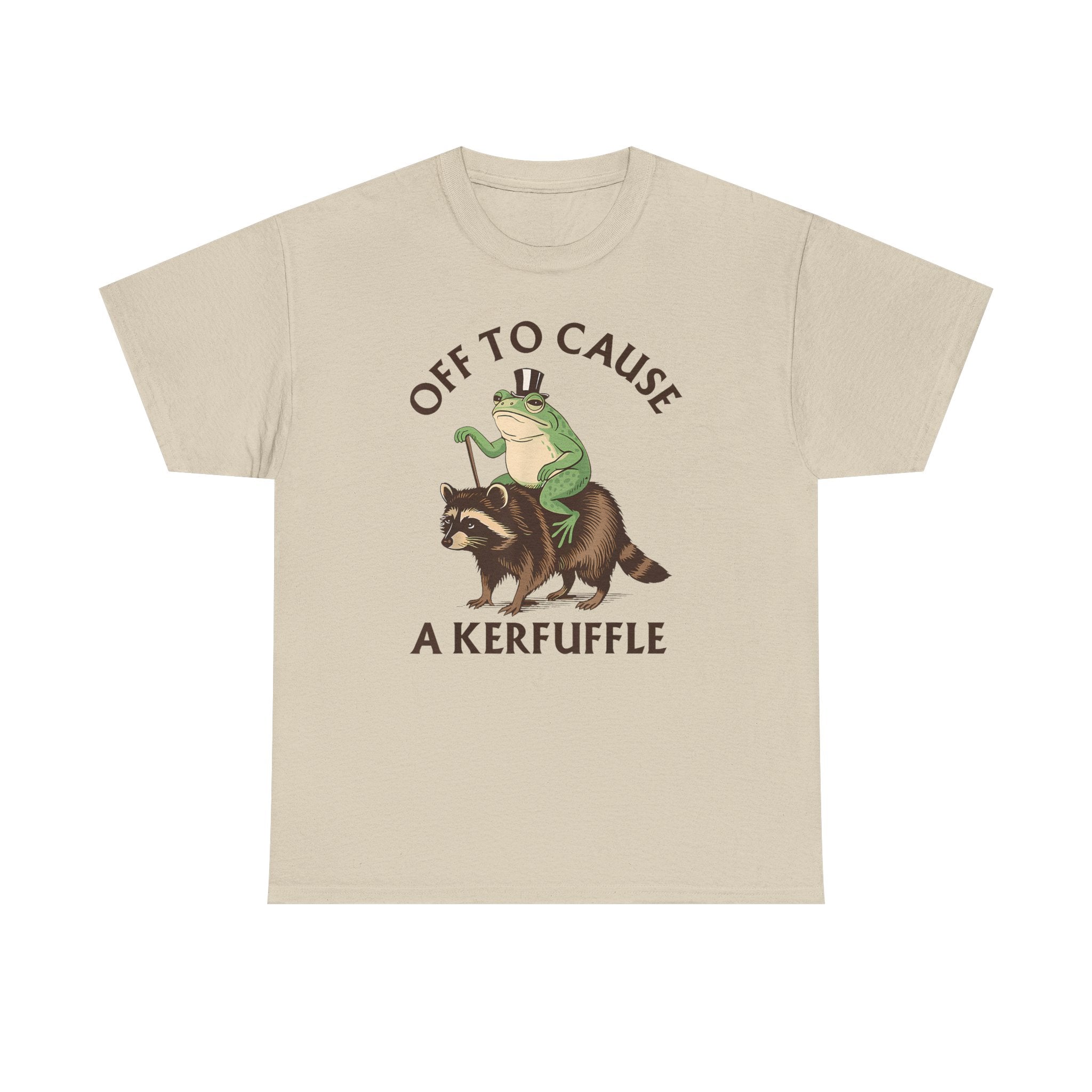 Off to Cause a Kerfuffle T-Shirt — Funny Frog Riding Raccoon Graphic Tee