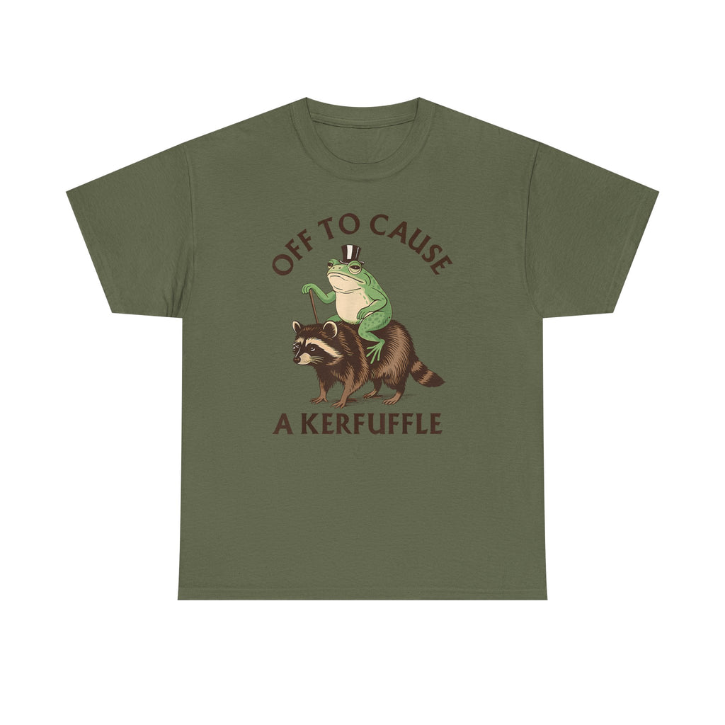 Off to Cause a Kerfuffle T-Shirt — Funny Frog Riding Raccoon Graphic Tee