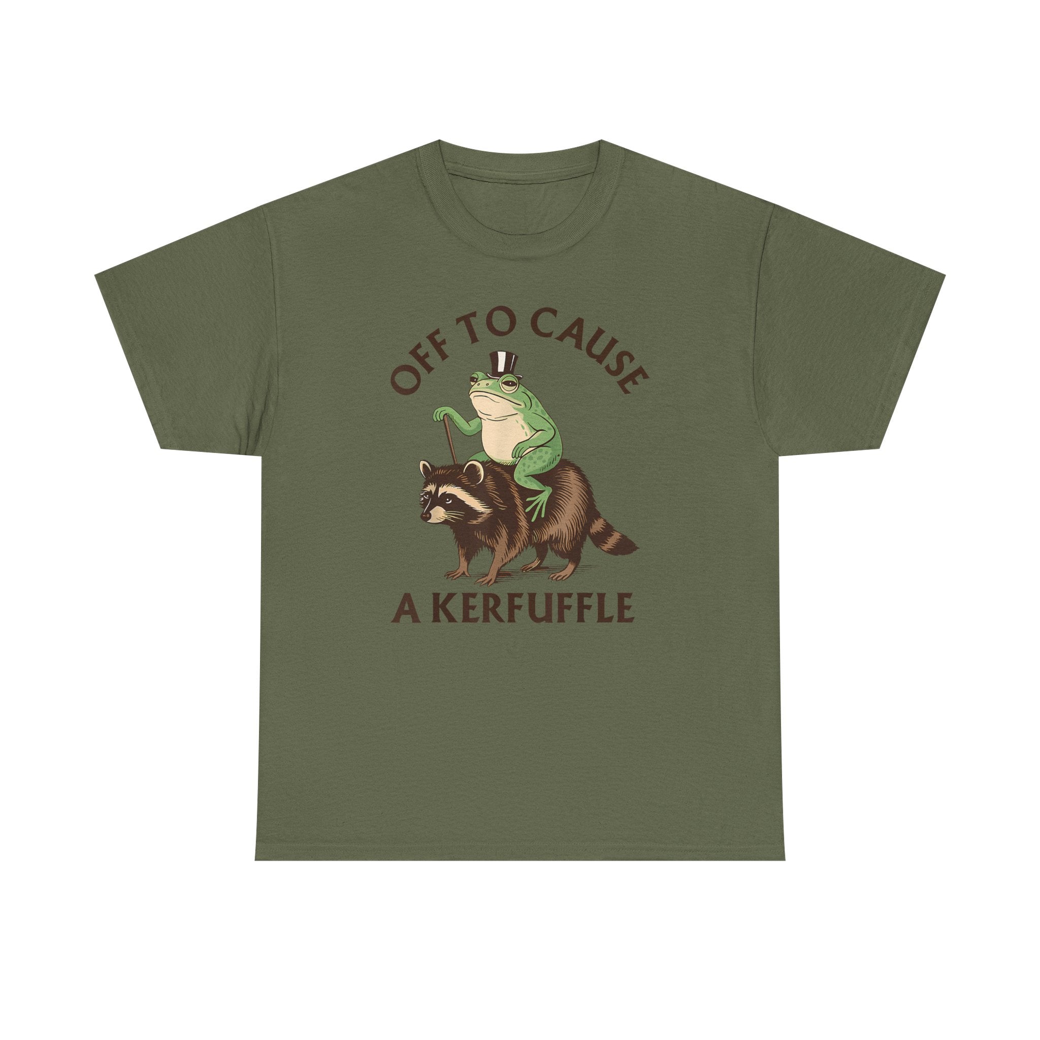 Off to Cause a Kerfuffle T-Shirt — Funny Frog Riding Raccoon Graphic Tee
