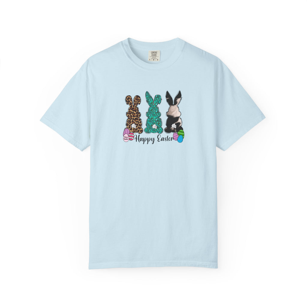 Easter Bunny Trio T-Shirt — "Happy Easter" Pastel Eggs Graphic