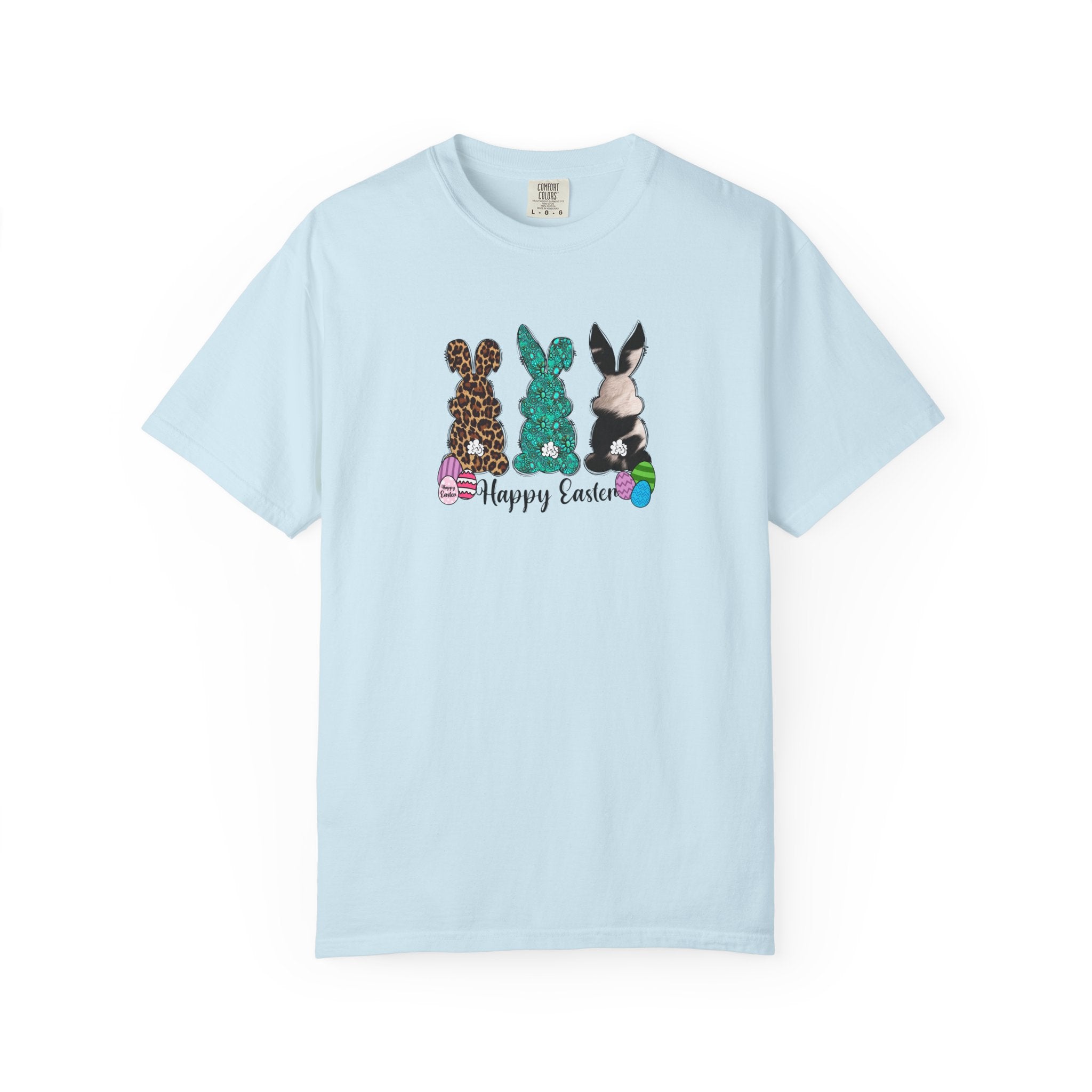 Easter Bunny Trio T-Shirt — "Happy Easter" Pastel Eggs Graphic