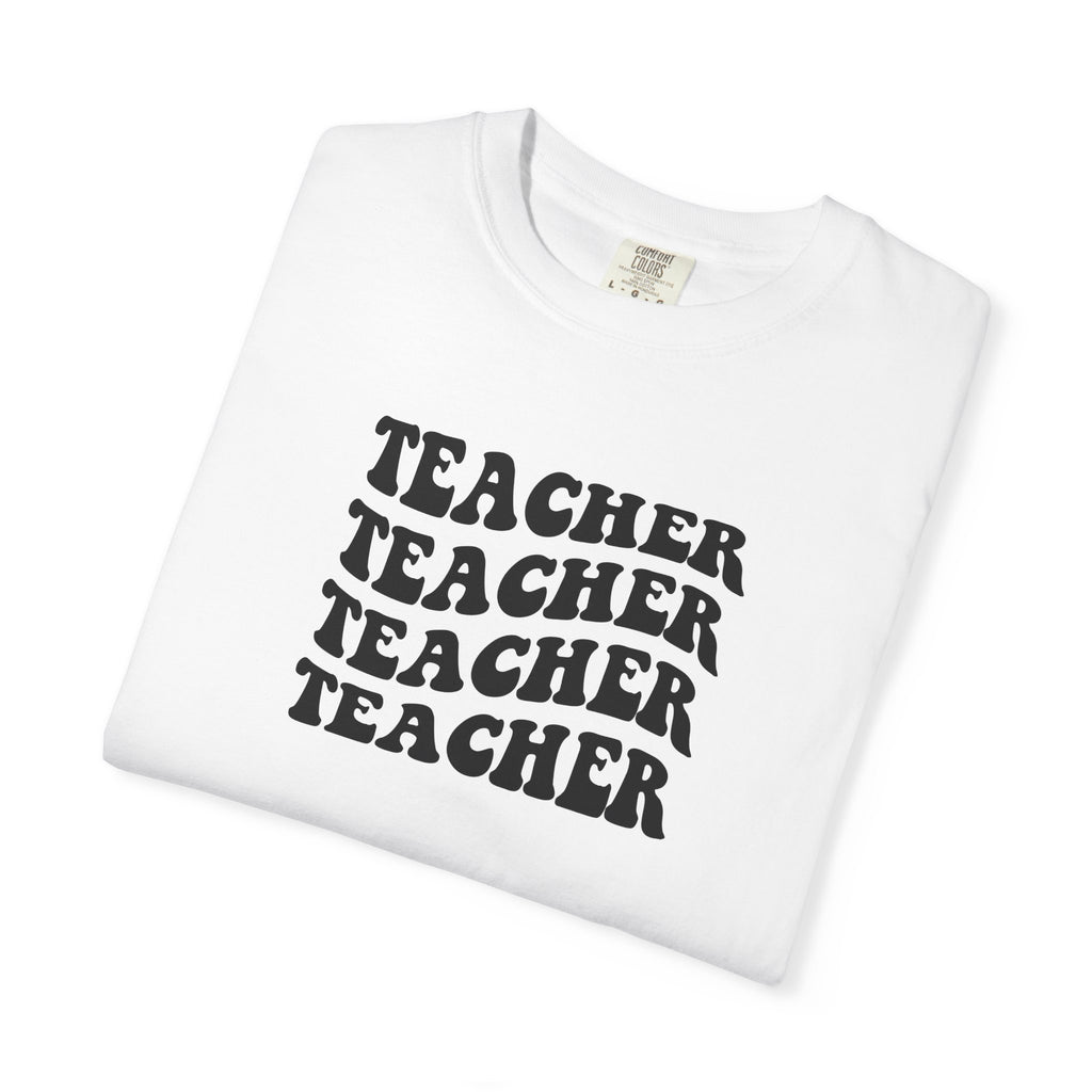 Teacher Repeat Graphic T-Shirt — Retro Stacked "Teacher" Tee