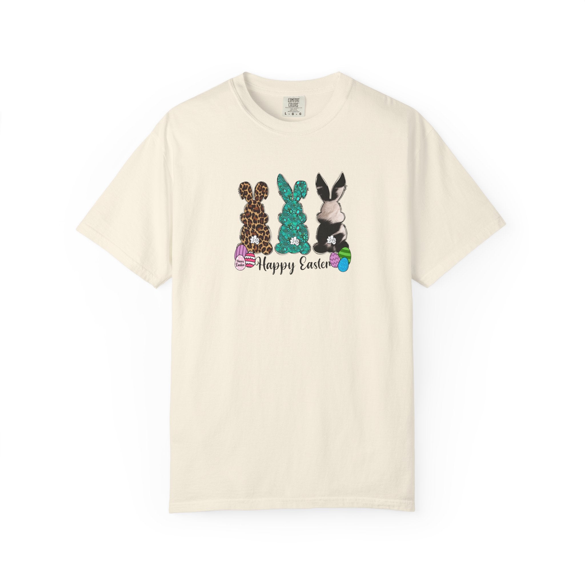 Easter Bunny Trio T-Shirt — "Happy Easter" Pastel Eggs Graphic