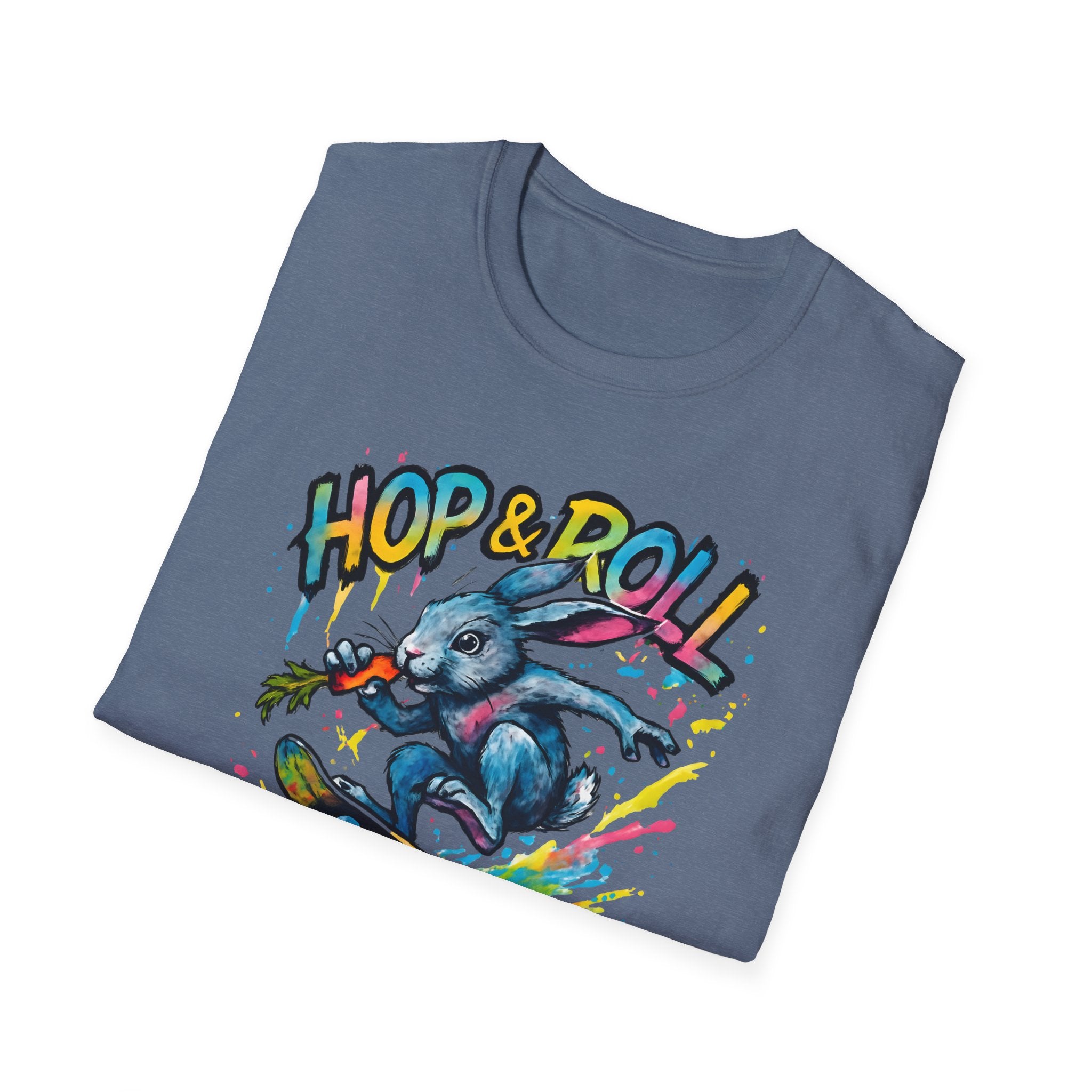 Hop & Roll Skateboard Bunny T-Shirt — Skateboarder Easter Graphic Tee