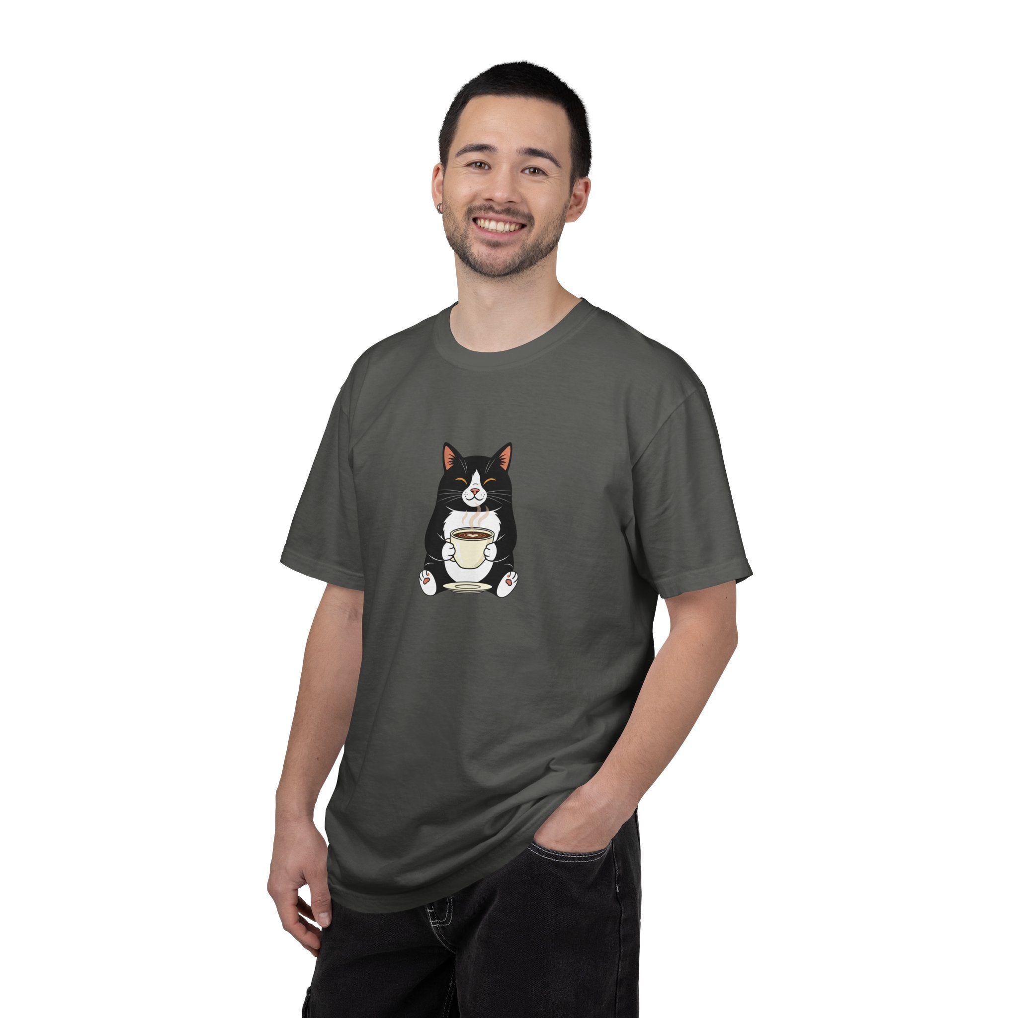 Tuxedo Cat Holding Coffee T-Shirt