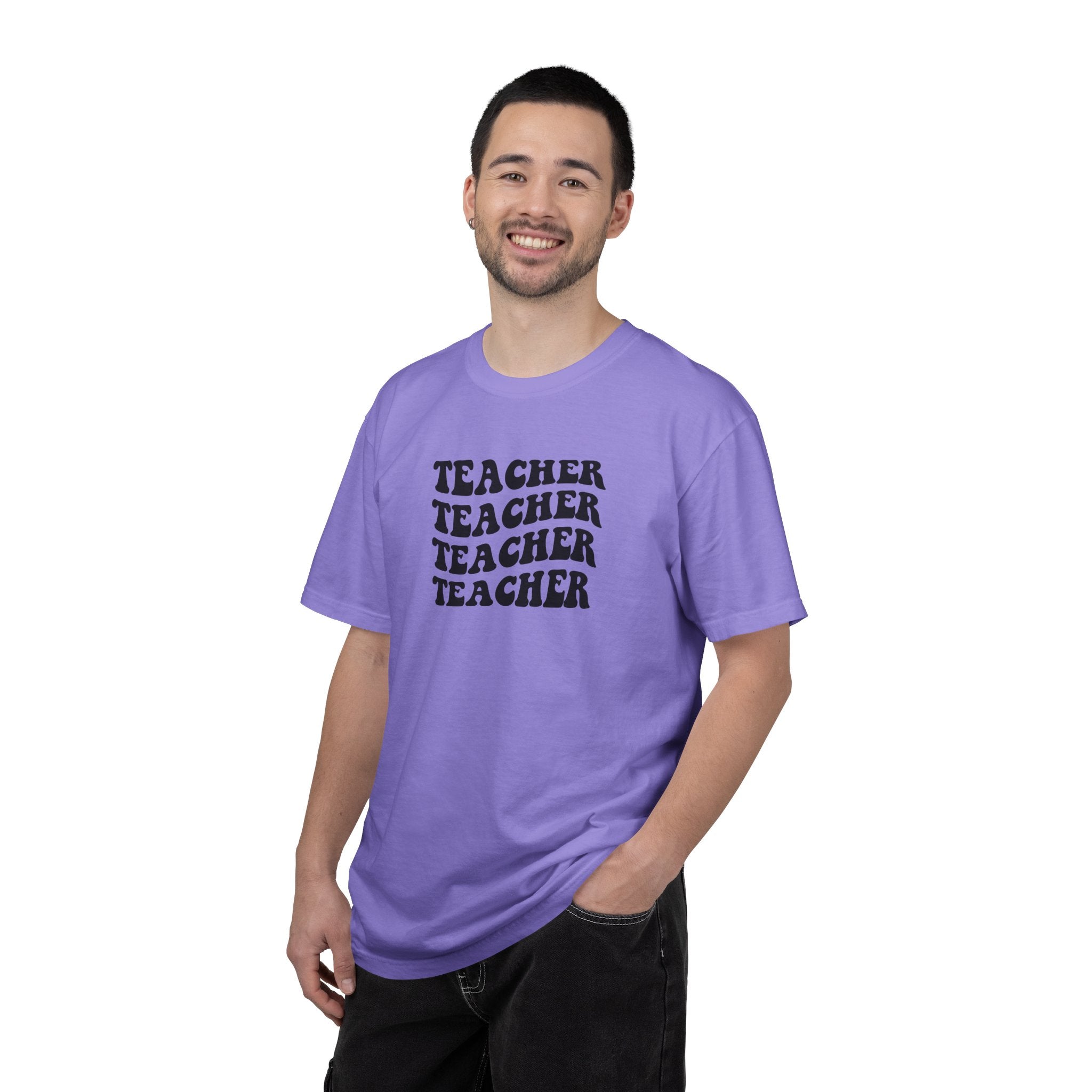 Teacher Repeat Graphic T-Shirt — Retro Stacked "Teacher" Tee